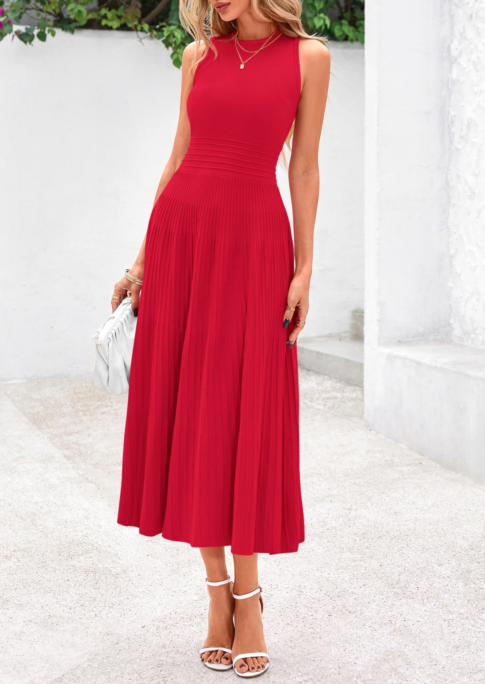 Women's Summer Pleated Midi Work Dress,Red,S