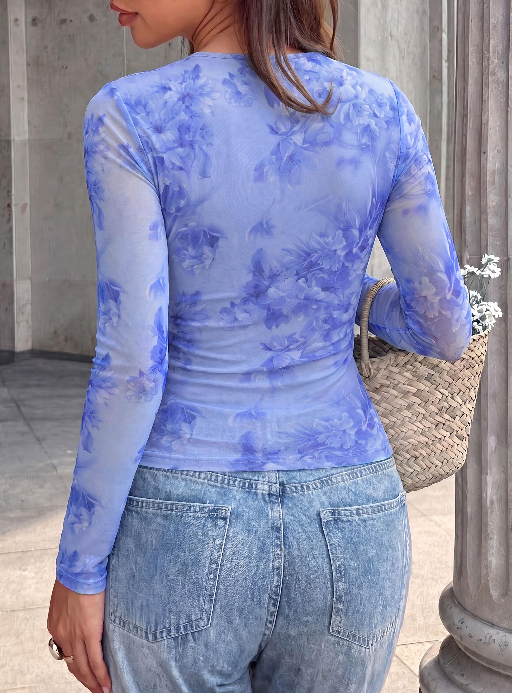 Womens Mesh Wrap Dressy Top Floral V Neck Long Sleeve Shirts
