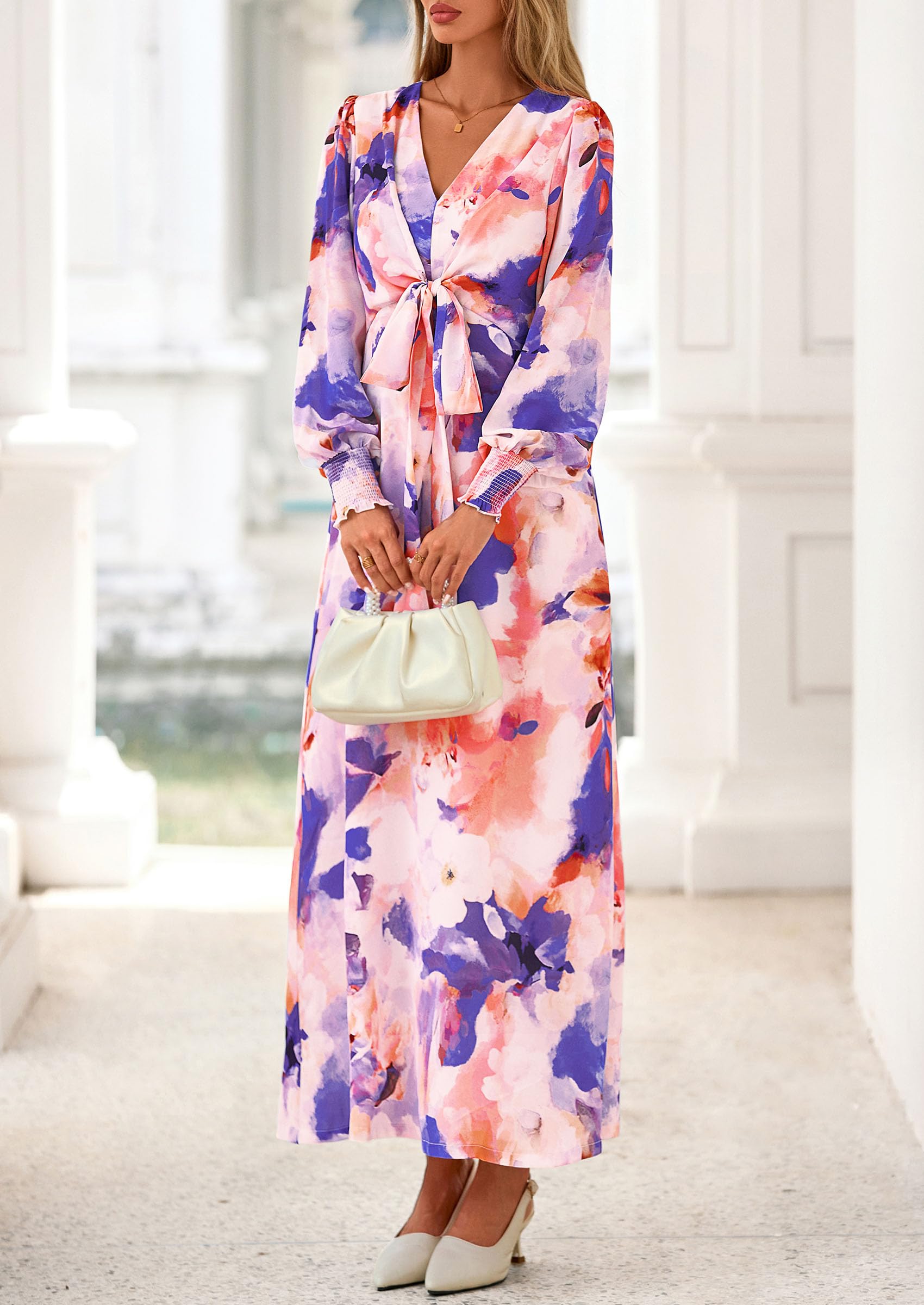 Women's Tie Waist Floral Maxi Dress,Floral Multicolored,S