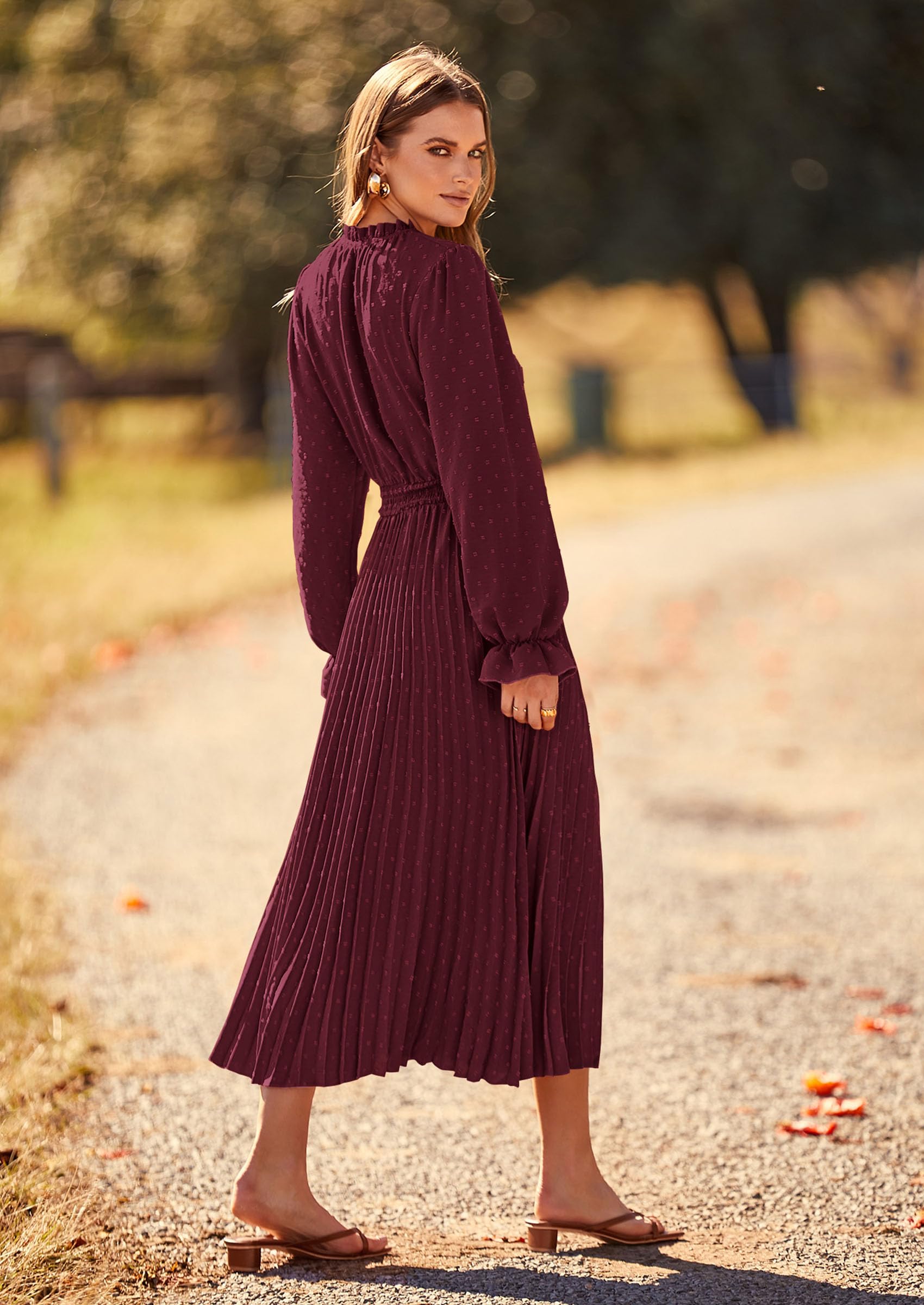 Women's Fall Midi Wedding Guest Dress(Dark Wine Red,Small)
