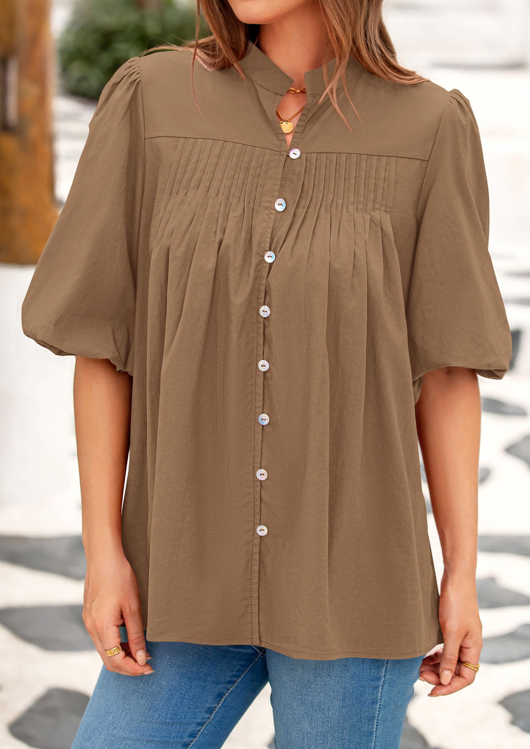 Short Sleeve Henley Shirts for Women,Light Khaki,S