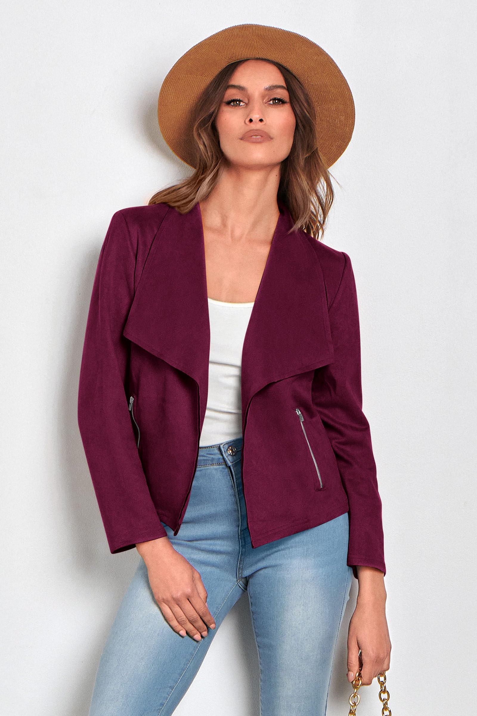 Women's Fall Fashion Faux Suede Jackets(Purple Red,Small)