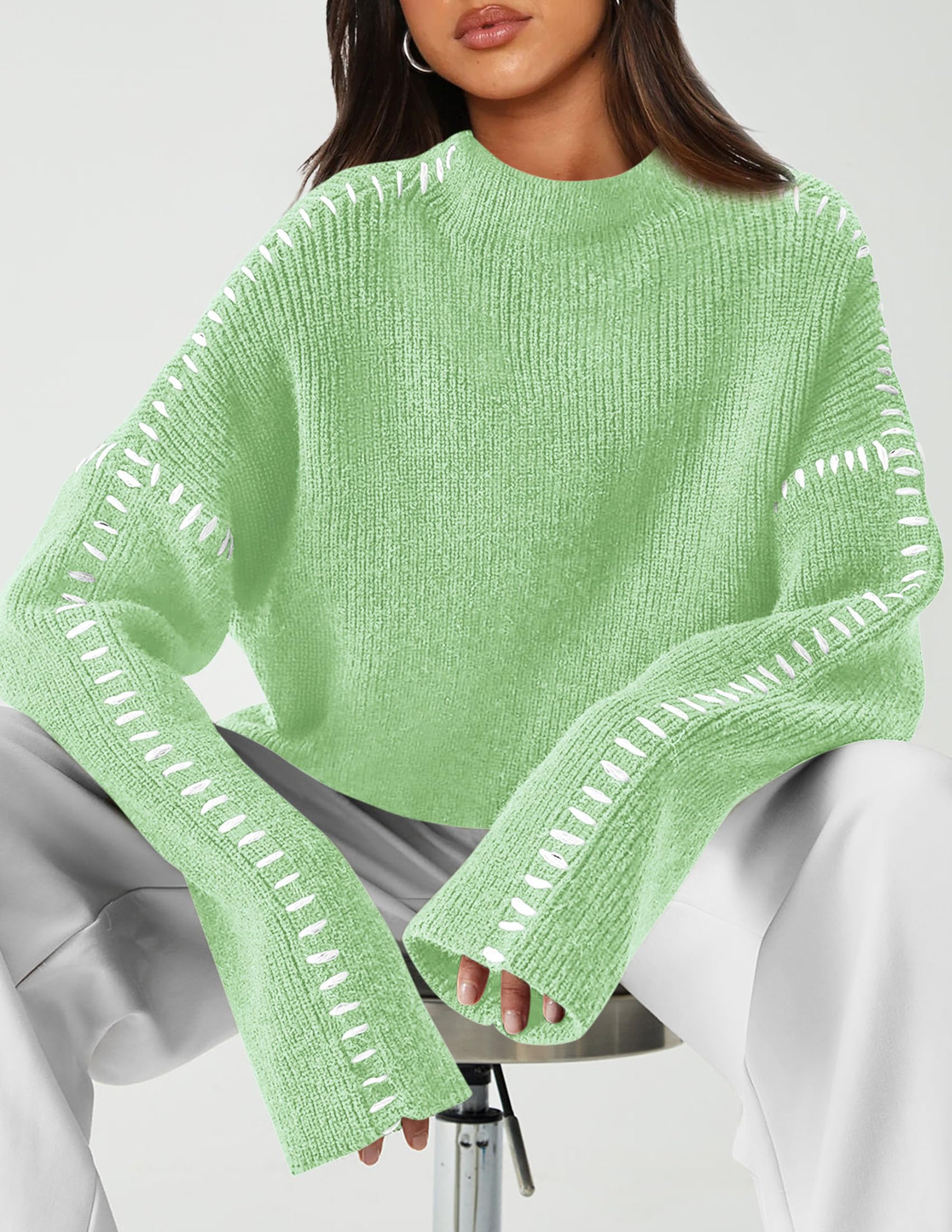 Womens Chunky Knit Oversized Pullover Sweaters,Light Green,S