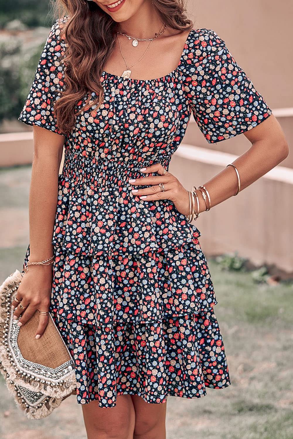 Women's 2025 Floral Summer Short Dress Square Neck Short Sleeve Tiered Ruffle Boho Swing Dresses (Floral Black Red,Small)