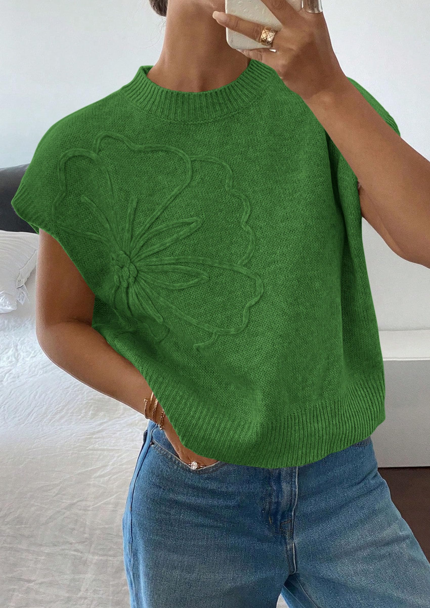 Women's Summer Short Cap Sleeve Sweater Vest (Green,S)