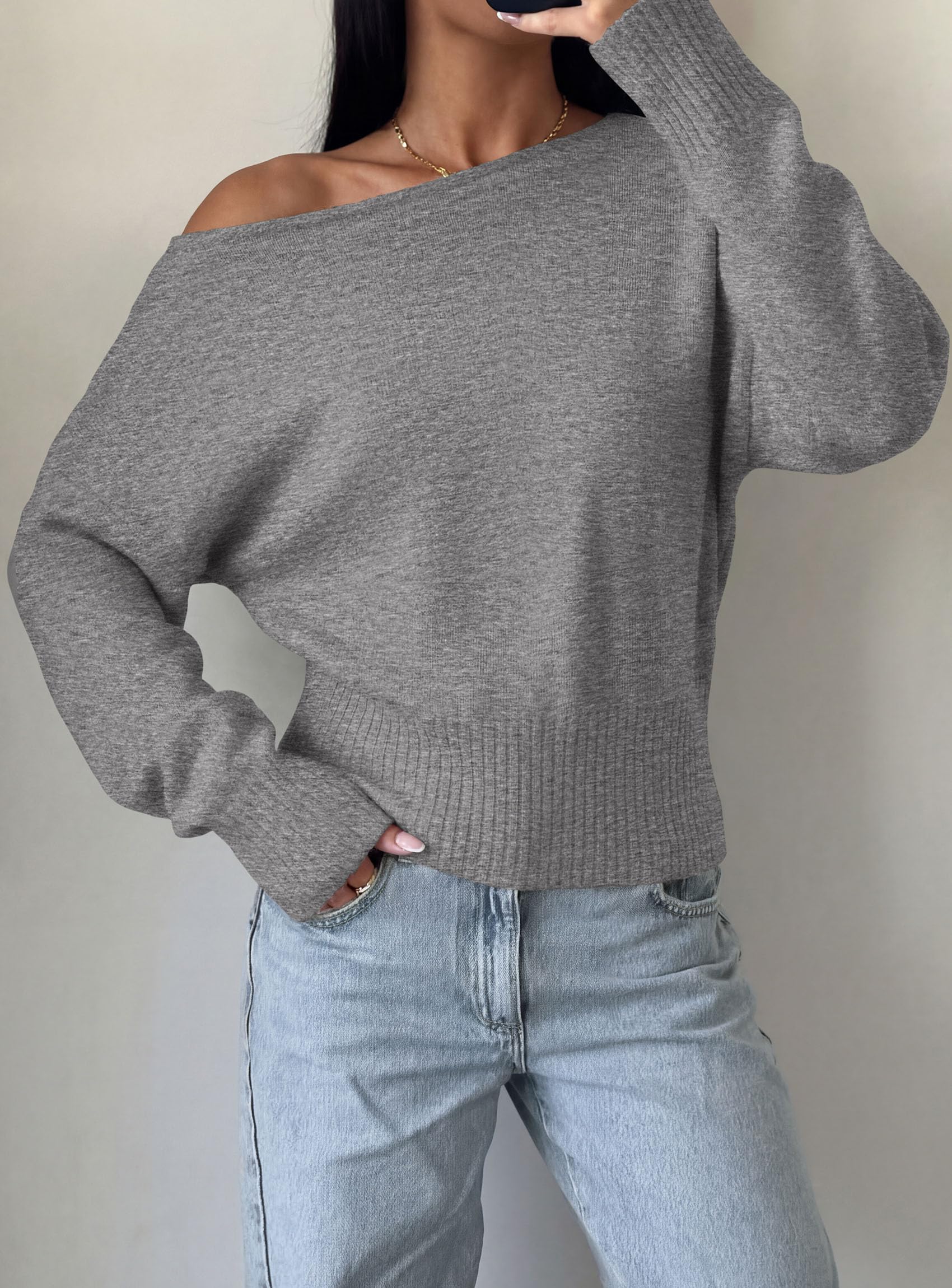 Womens Off The Shoulder Sweater Fall Fashion,Grey,S