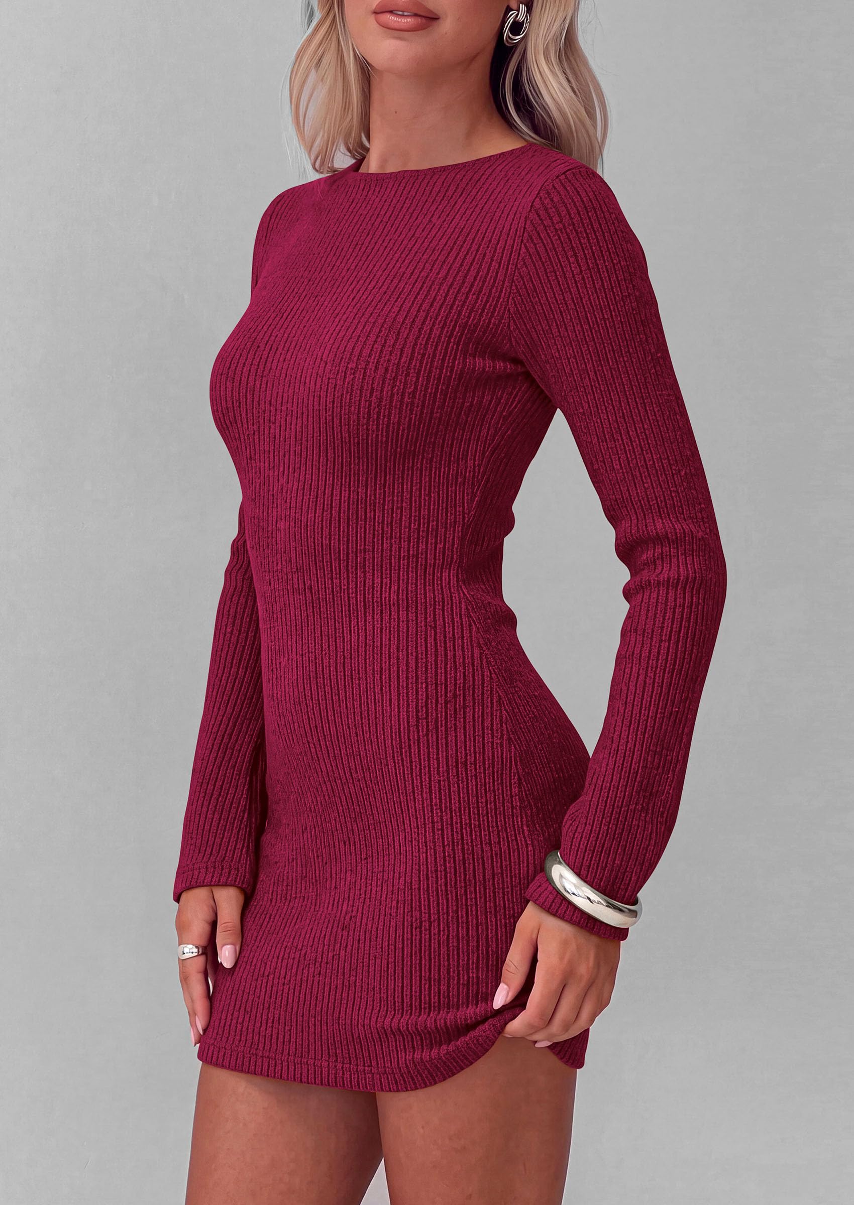 Womens Boat Neck Bell Long Sleeve Mini Sweater Dress Wine Red