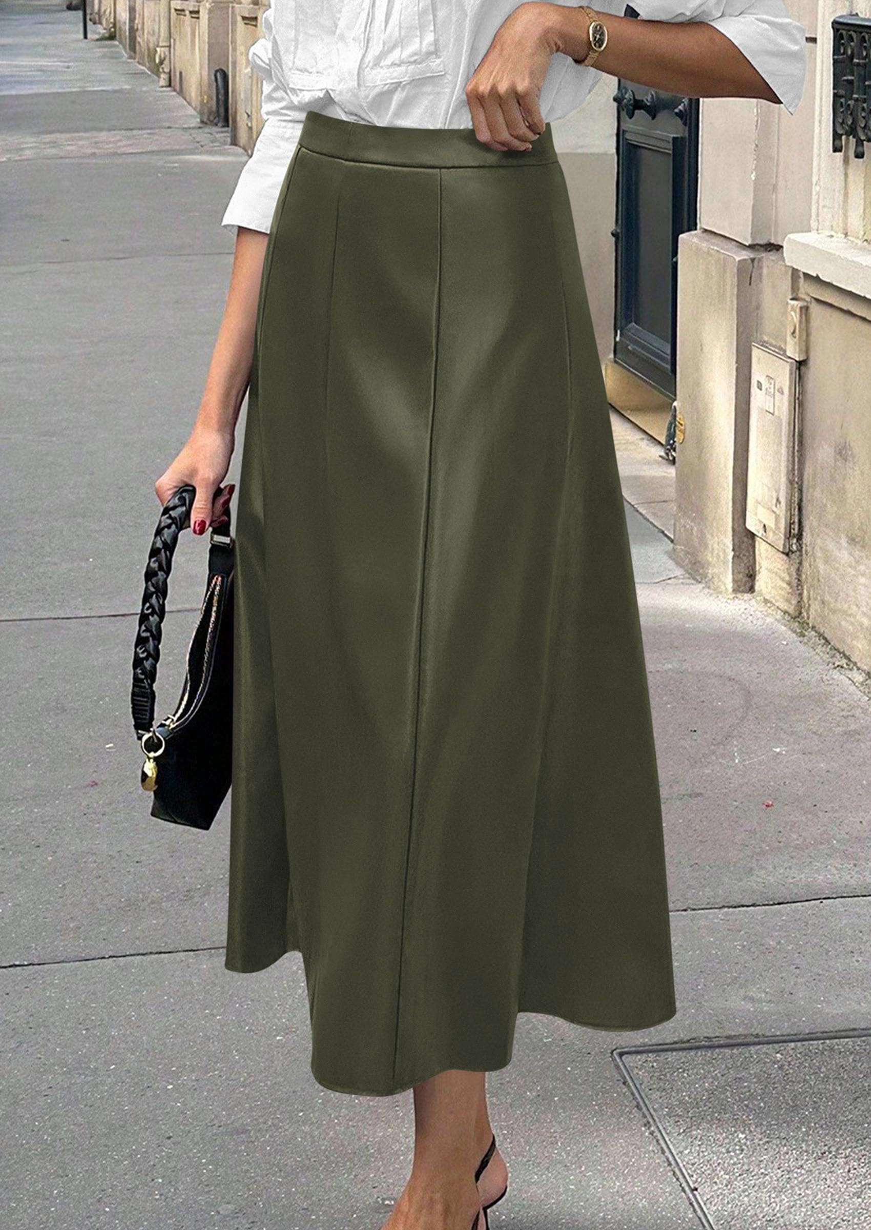 Womens Faux Leather High Waisted Midi Skirt,Army Green,S