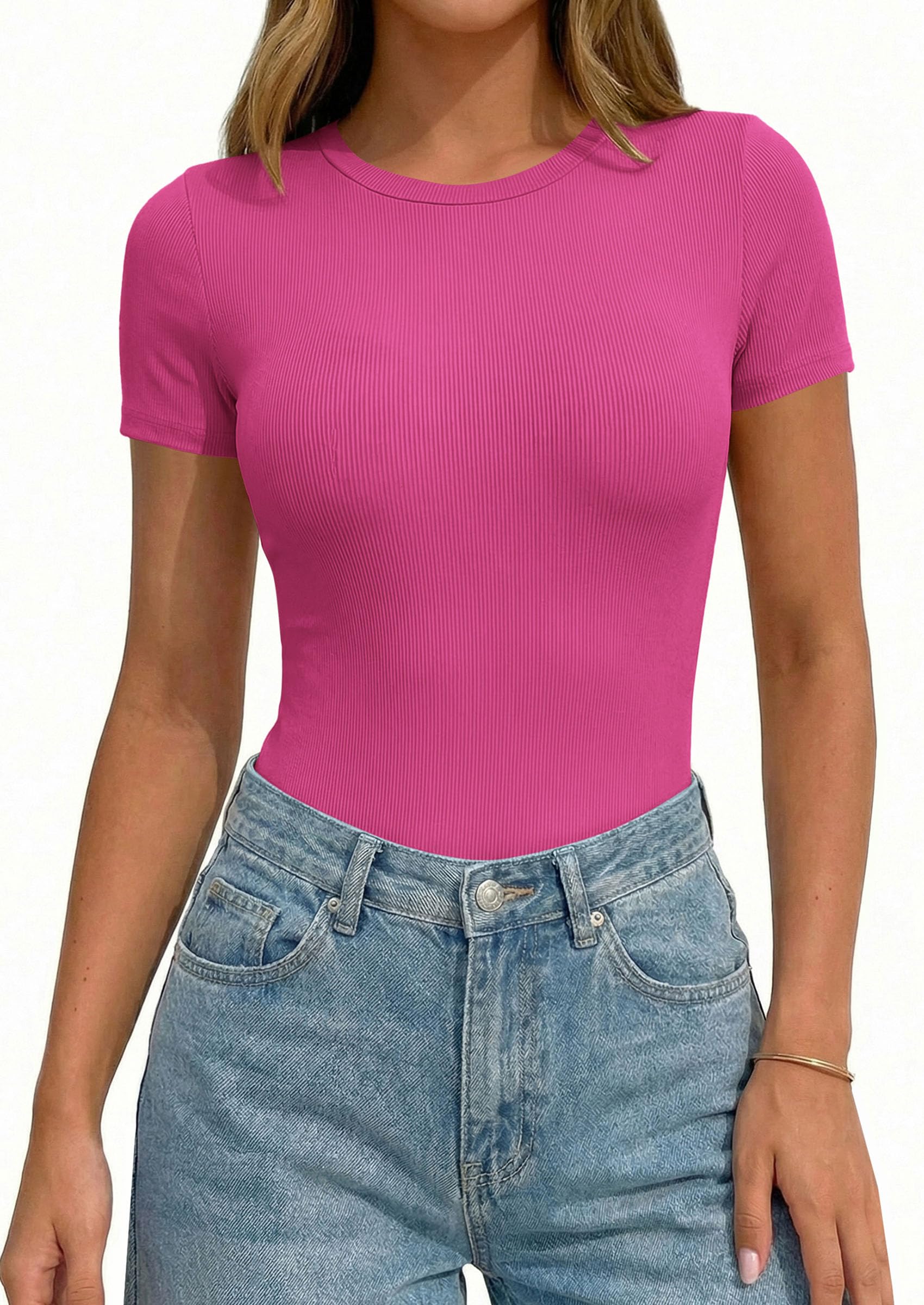 Body Suits for Womens Short Sleeve Summer Tops, Hot Pink,XS