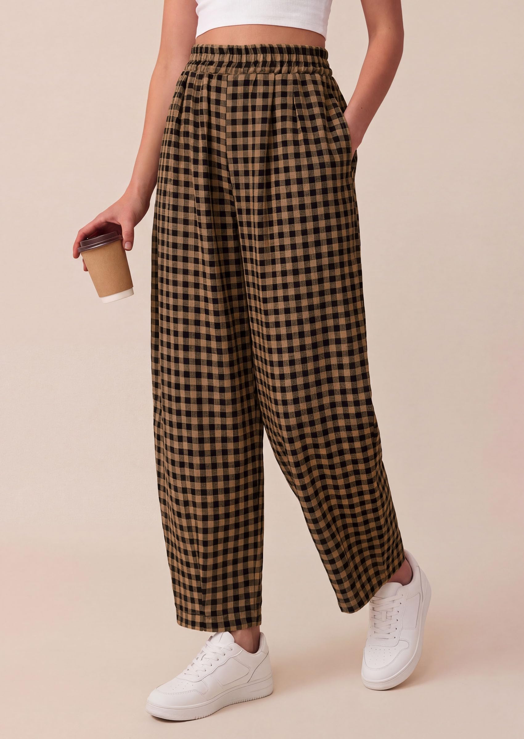 Plaid Barrel Pants Women Summer Bottoms, Black Khaki Plaid,S