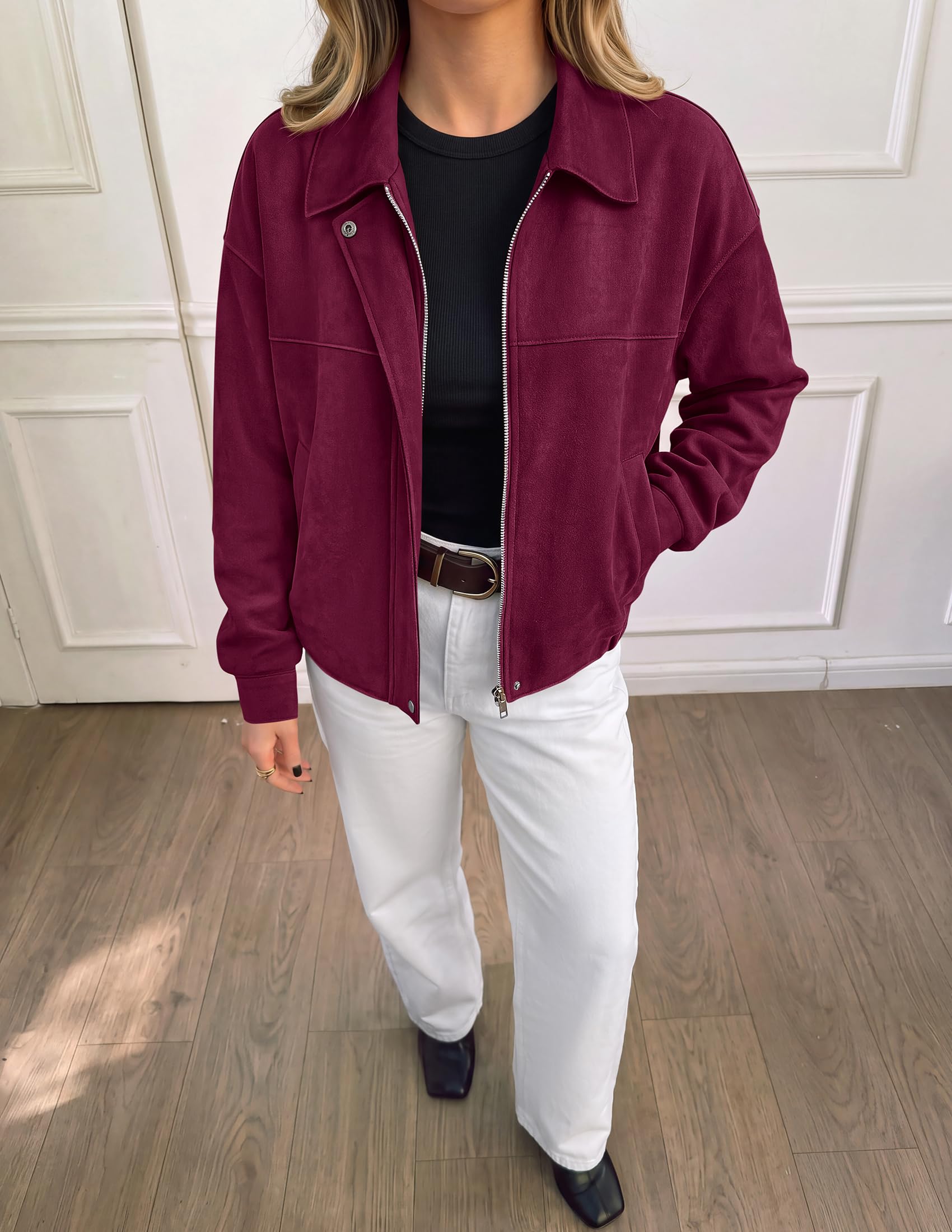 Women's Faux Suede Cropped Fall Jackets,Wine Red,S