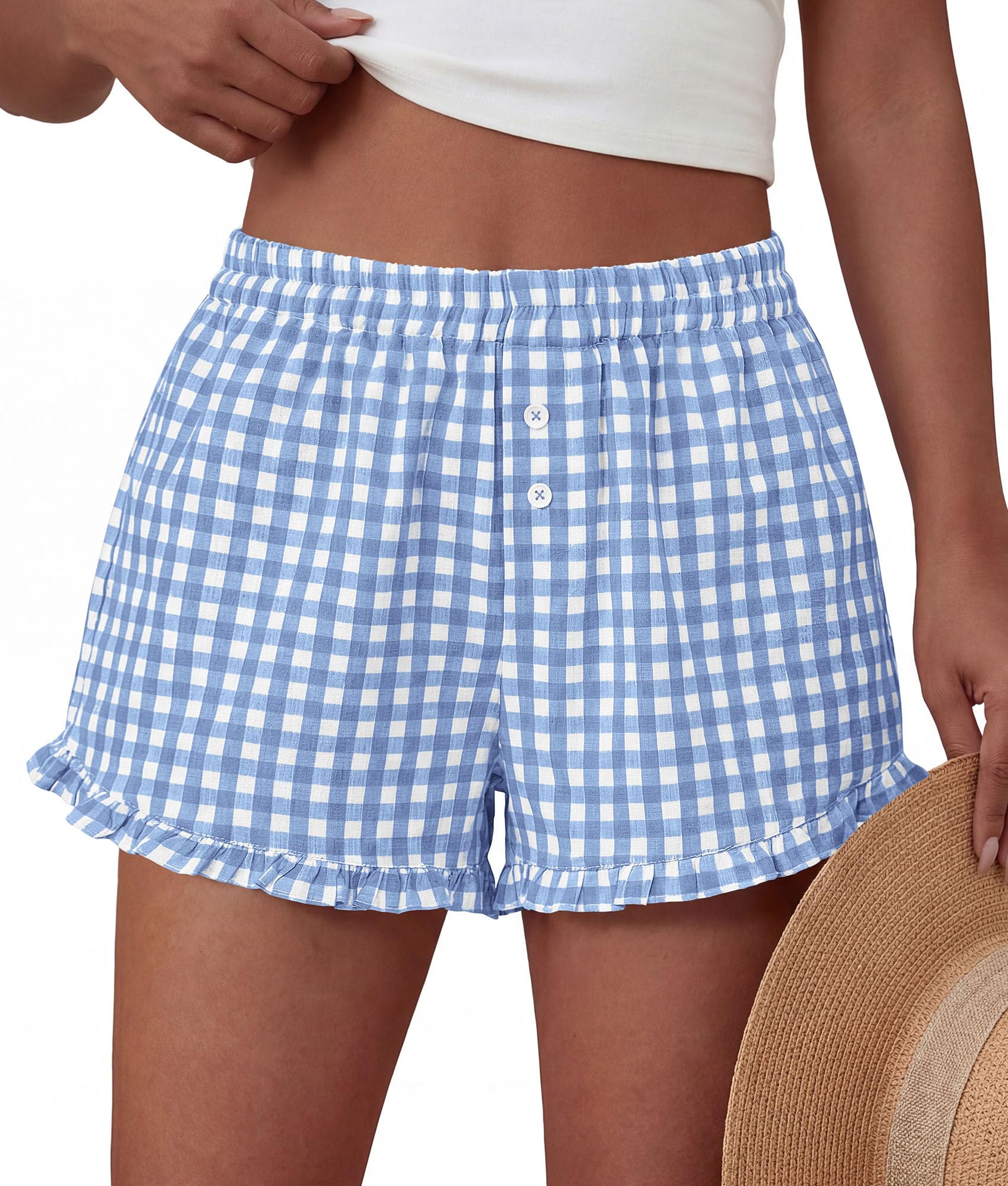 Womens Boxer Shorts Striped Gingham Ruffle Pajama Bottoms