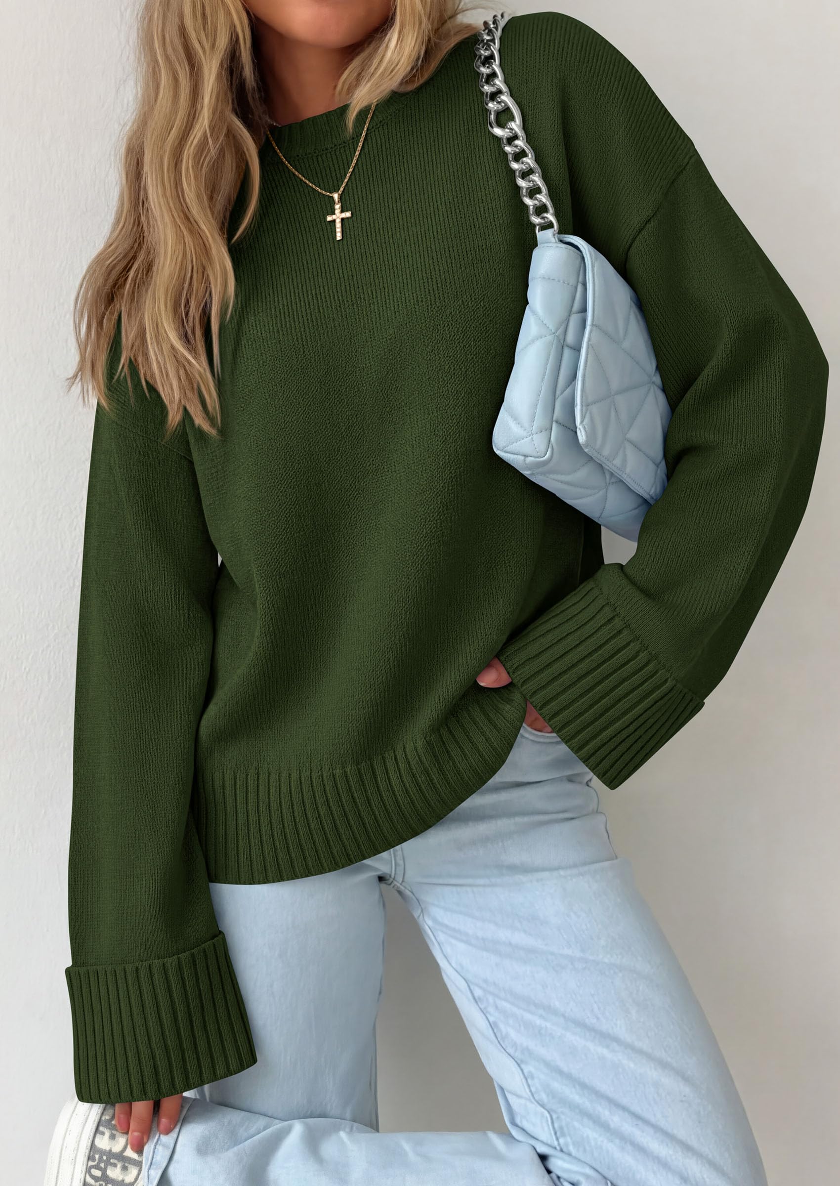 Oversized Sweater Women's Crewneck Long Sleeve Tops Army Green