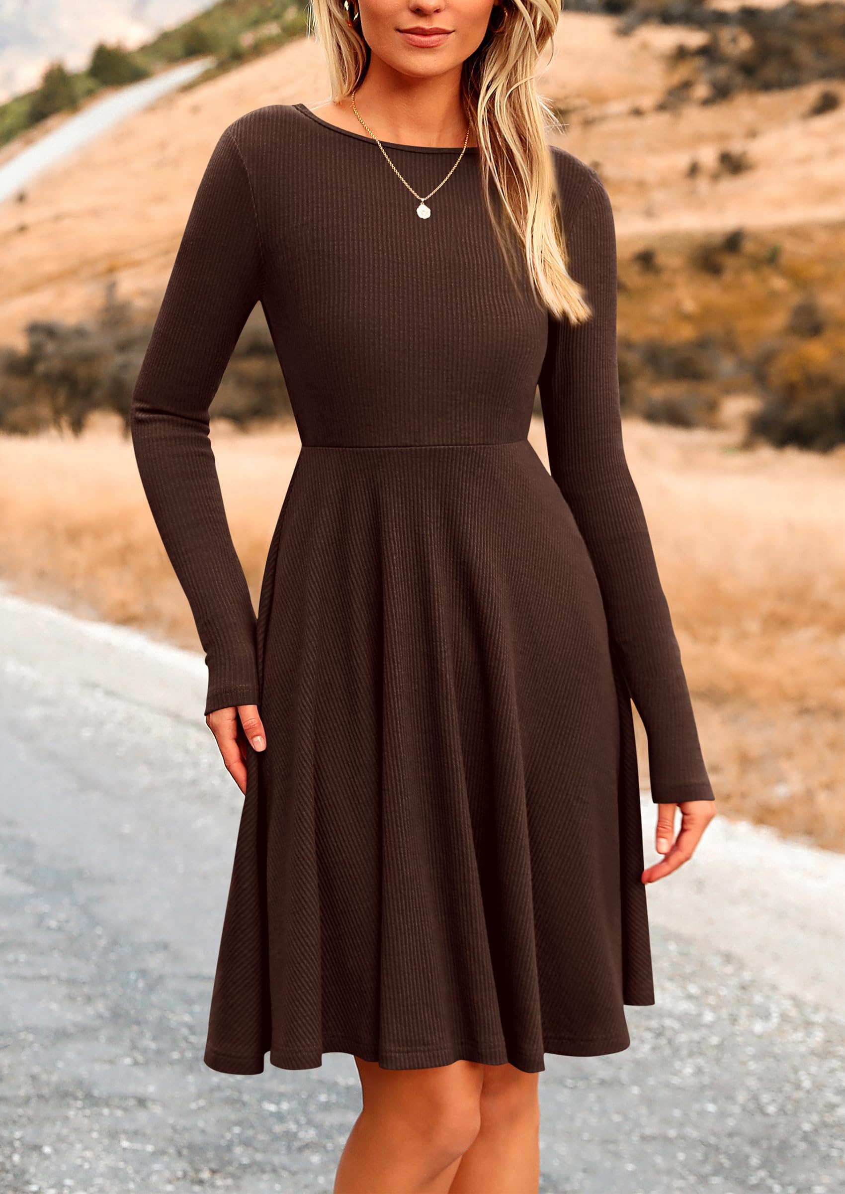 Women's Fall Casual Long Sleeve Short Dress (Dark Coffee,S)
