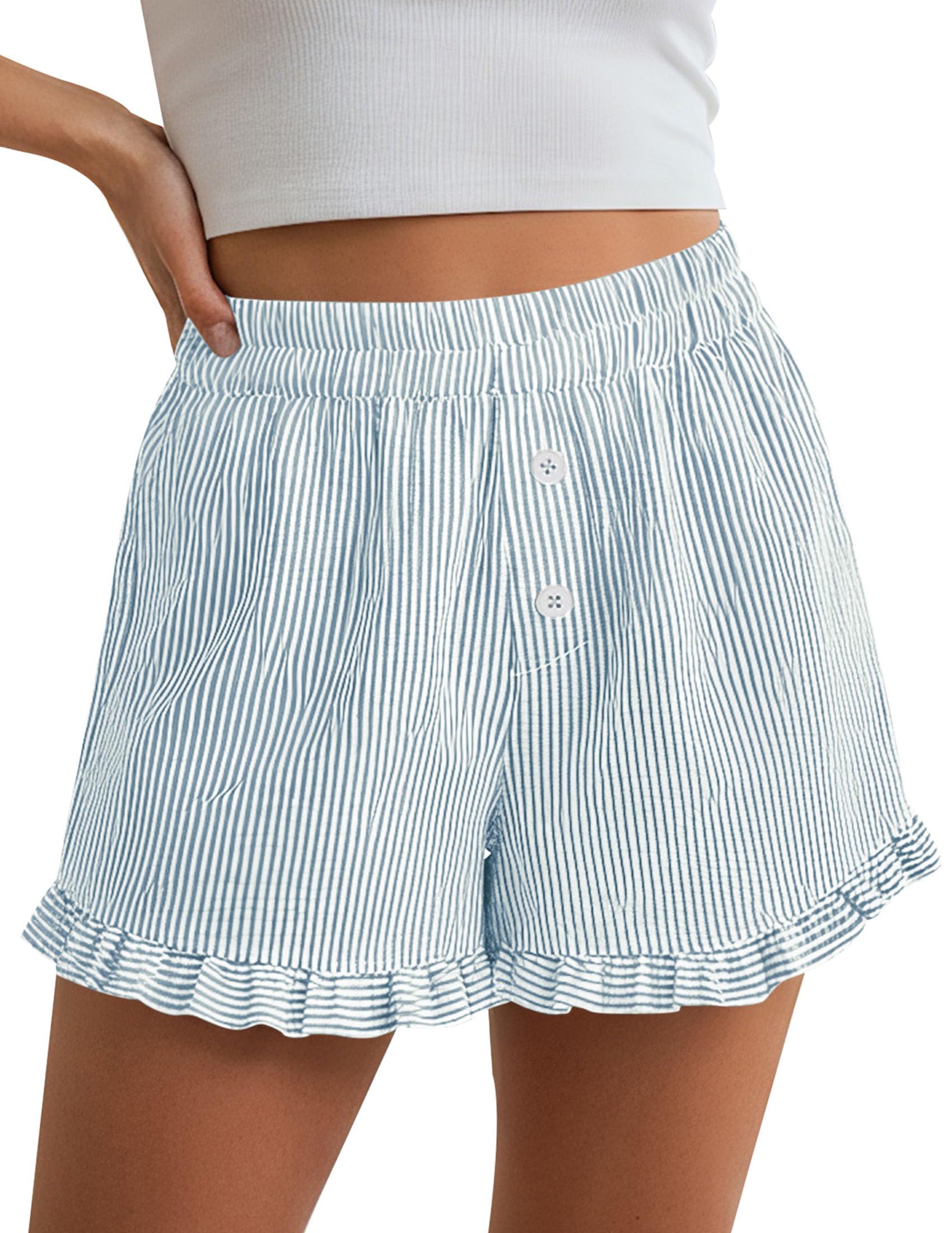 Womens Boxer Shorts Striped Gingham Ruffle Pajama Bottoms