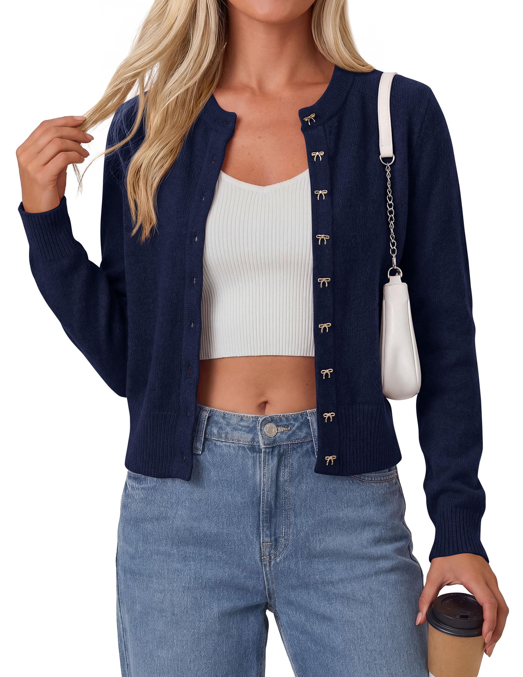 Cardigan Sweaters for Women Cropped Bow Button Up Cardigan