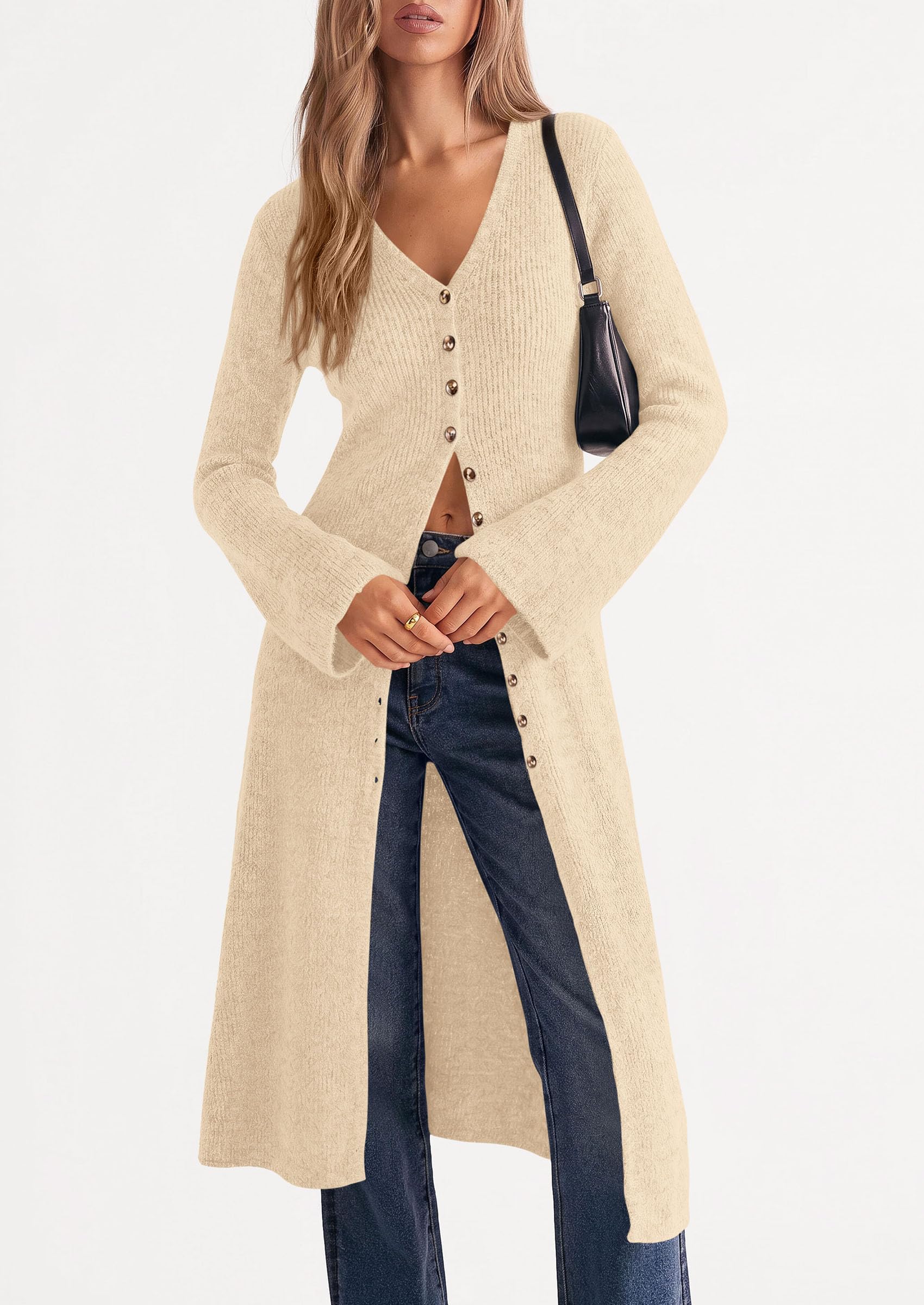 Women Long Cardigan Bell Sleeve Sweater Dress (Beige,S)