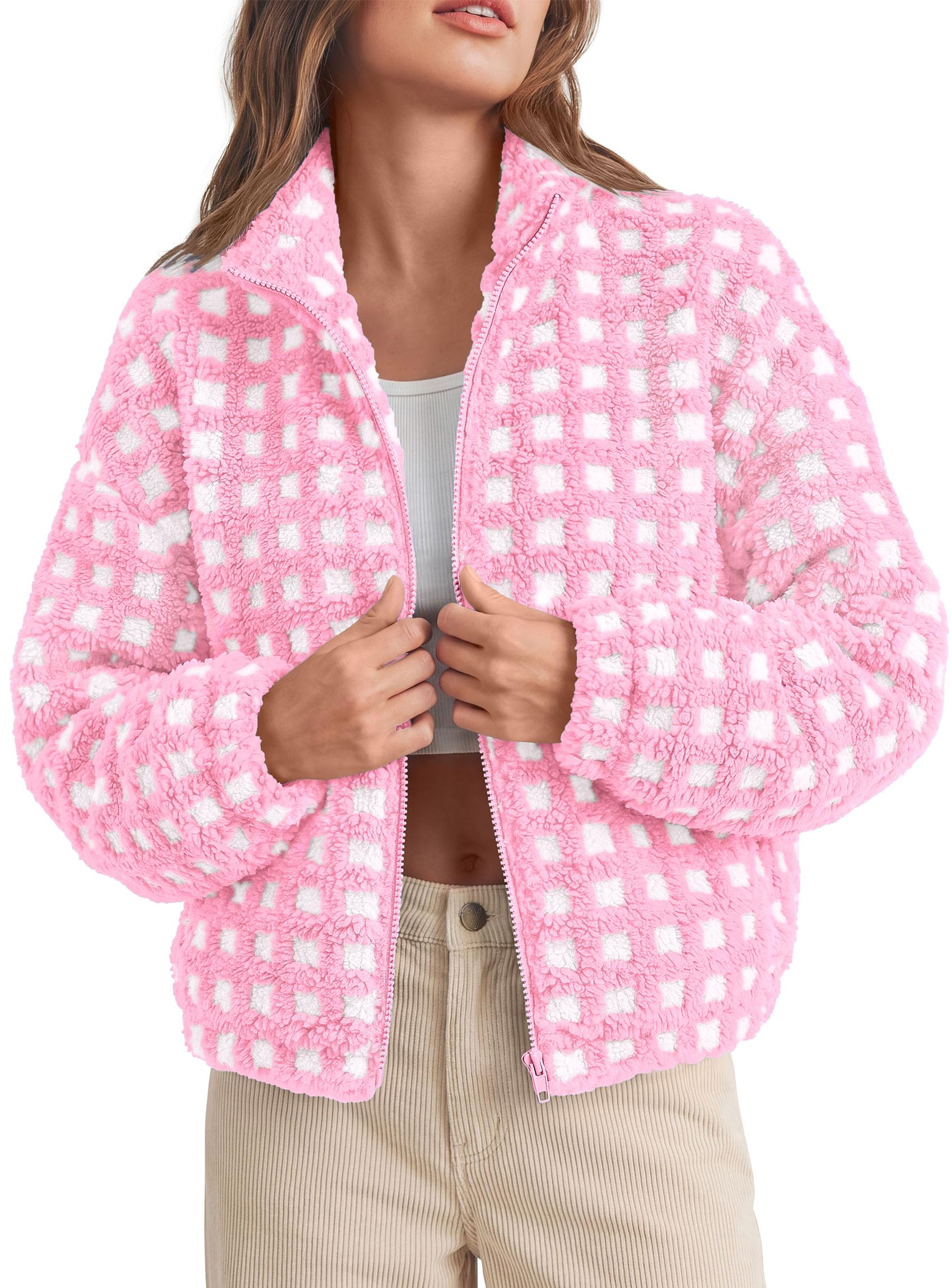 Women's Gingham Sherpa Fleece Jacket Plaid Cropped Teddy Coat
