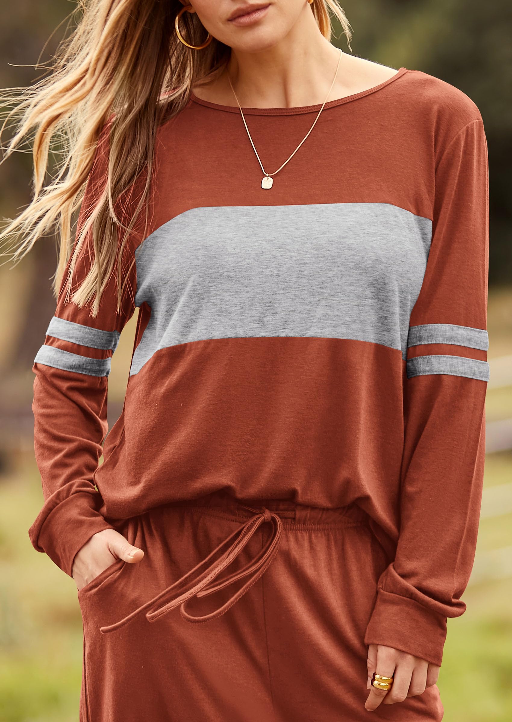 Women Color Block 2 Piece Sets Tracksuit,Caramel,S