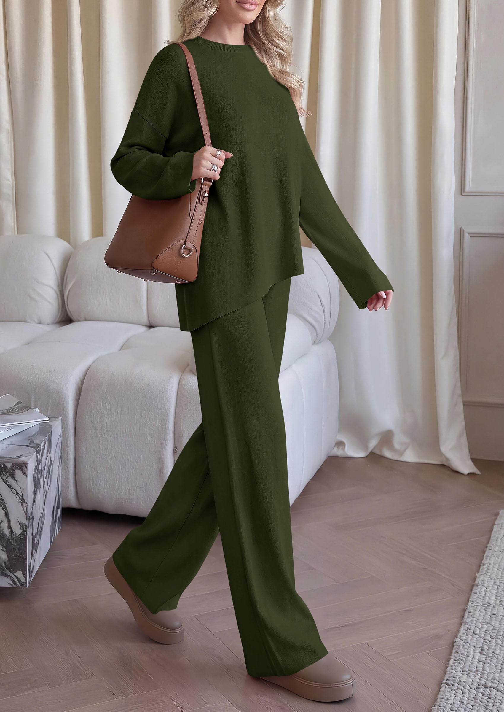 Womens Fall 2 Piece Asymmetric Cozy Sweater Travel Lounge Sets