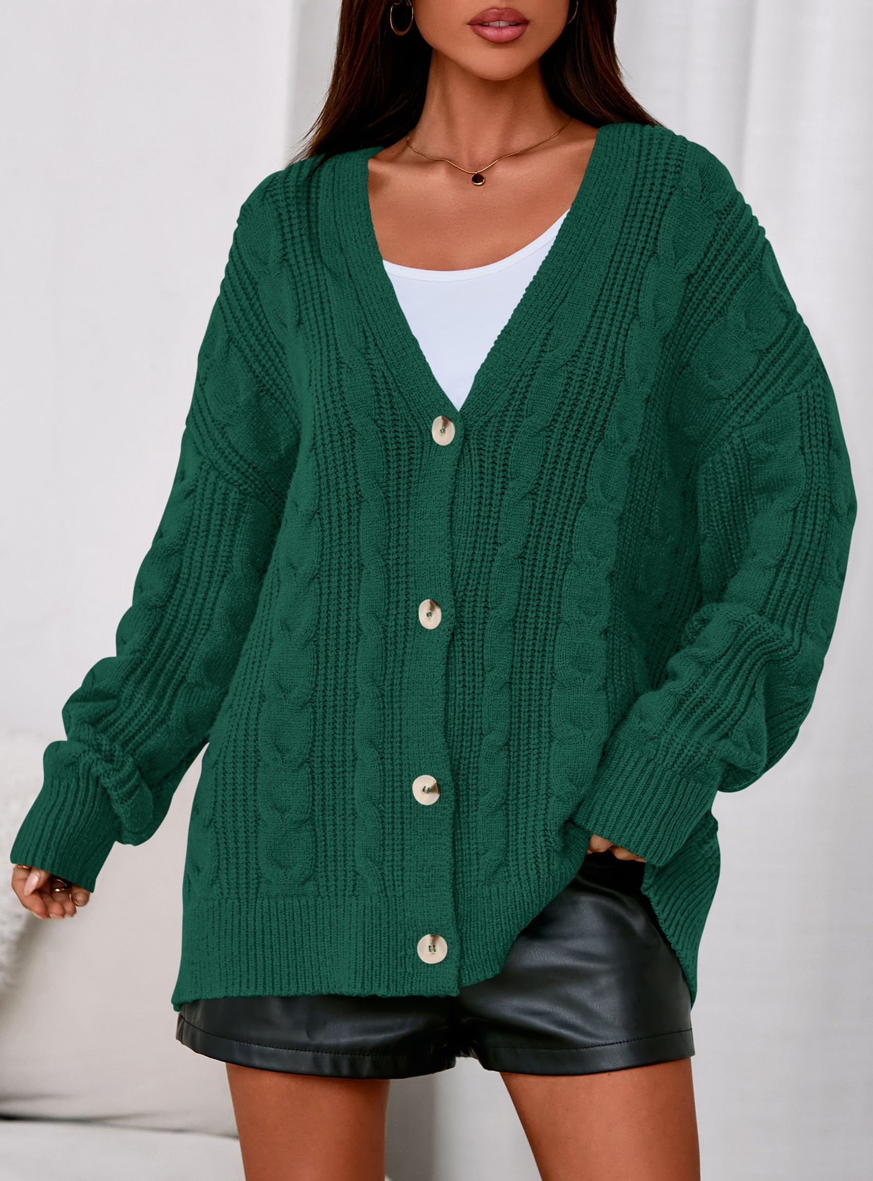 Womens Chunky Cardigan Sweaters 2025 Fall Oversized Cable Knit Long Sleeve Open Front Cardigans Winter Clothing (Dark Green,Large)