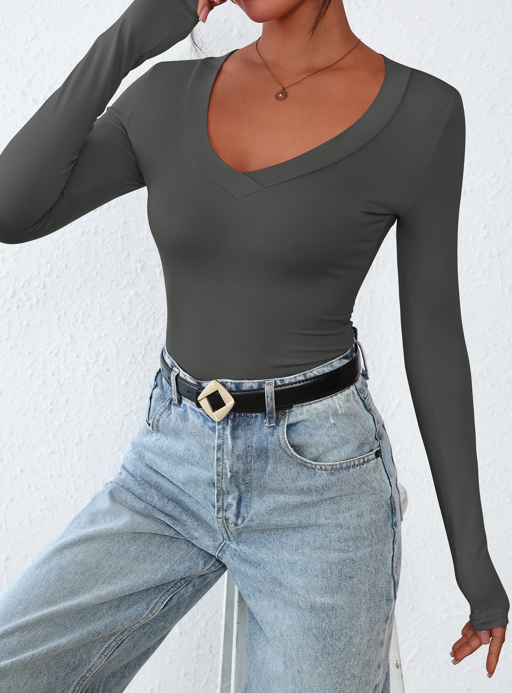 Women's V Neck Long Sleeve Shirts,Dark Grey,X-S