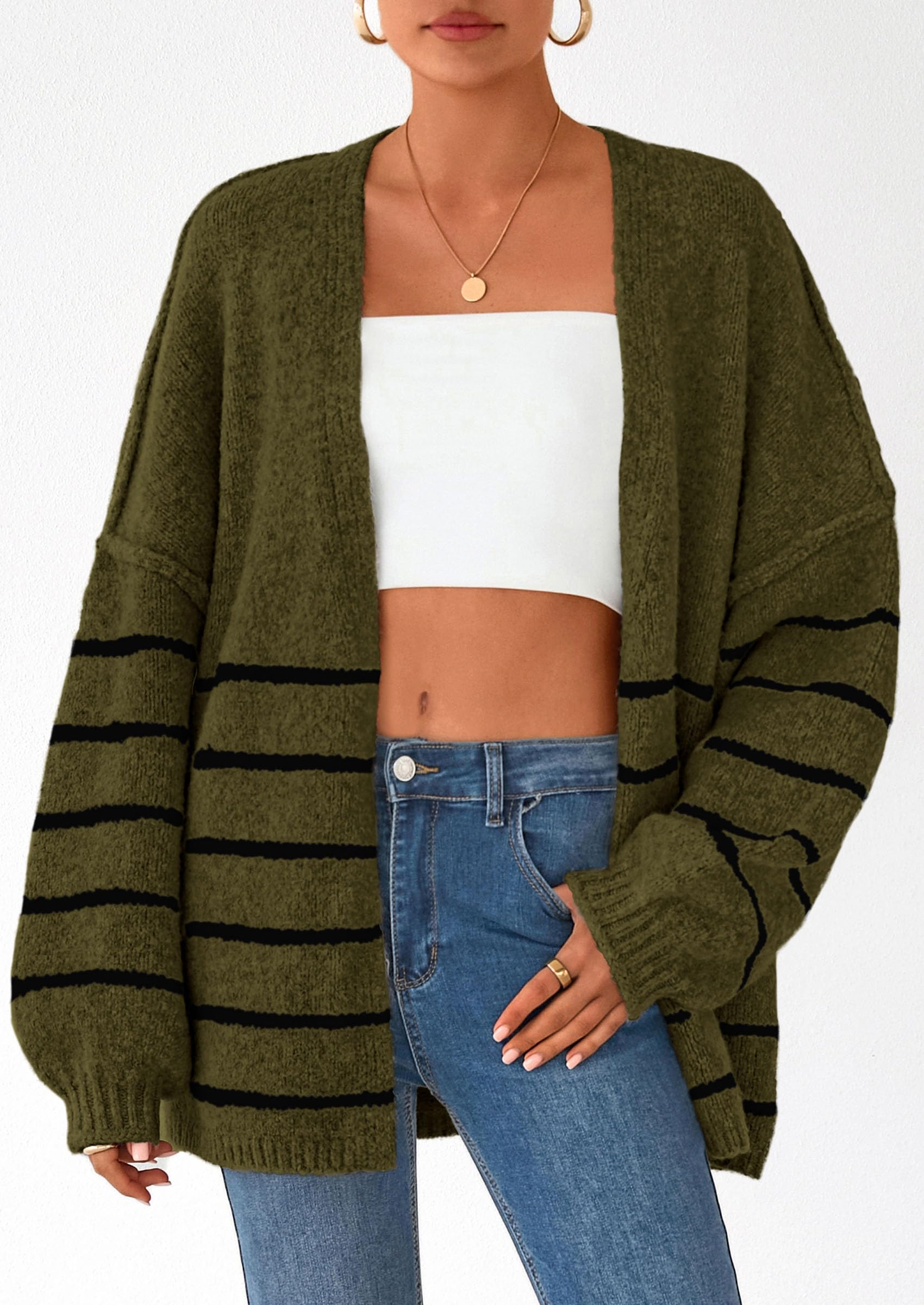 Womens Oversized Cardigan Sweaters 2026 Fall Long Lantern Sleeve Knit Open Front Lightweight Sweater (Striped Army Green,Small)