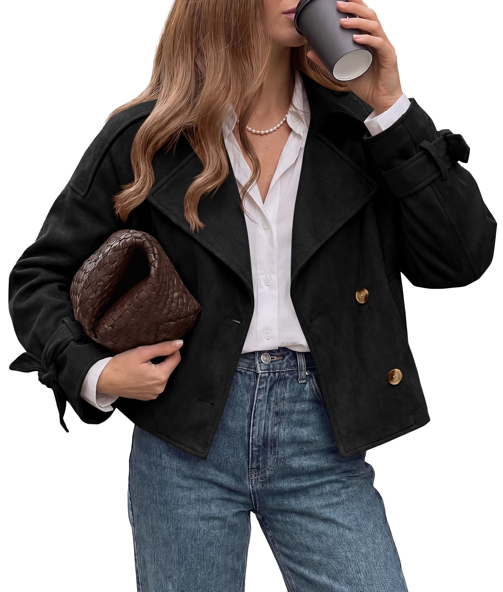 Women Faux Suede Double Breasted Trench Coat Cropped Jackets