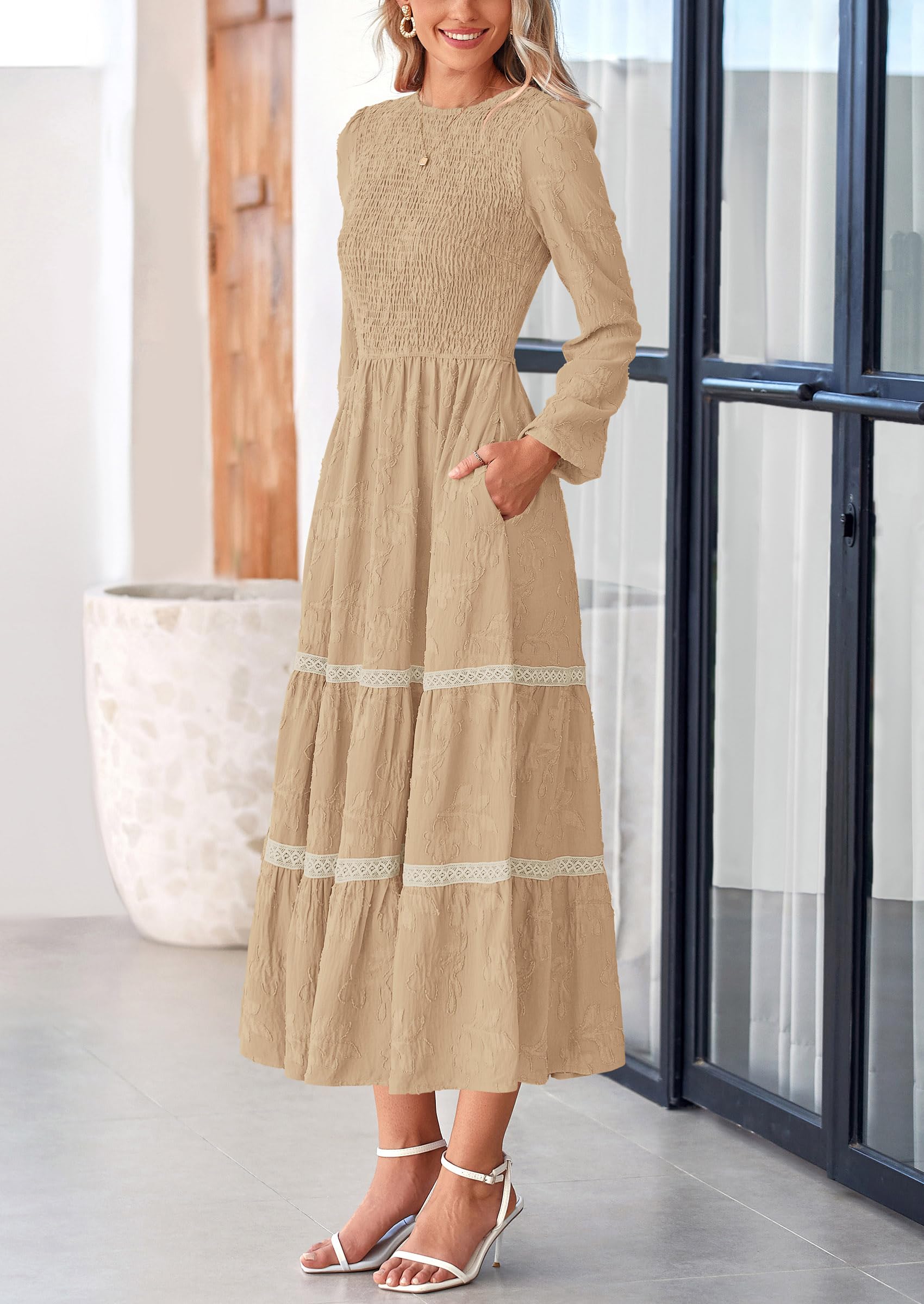 Women's Long Sleeve Boho Floral Midi Dress, Apricot,S