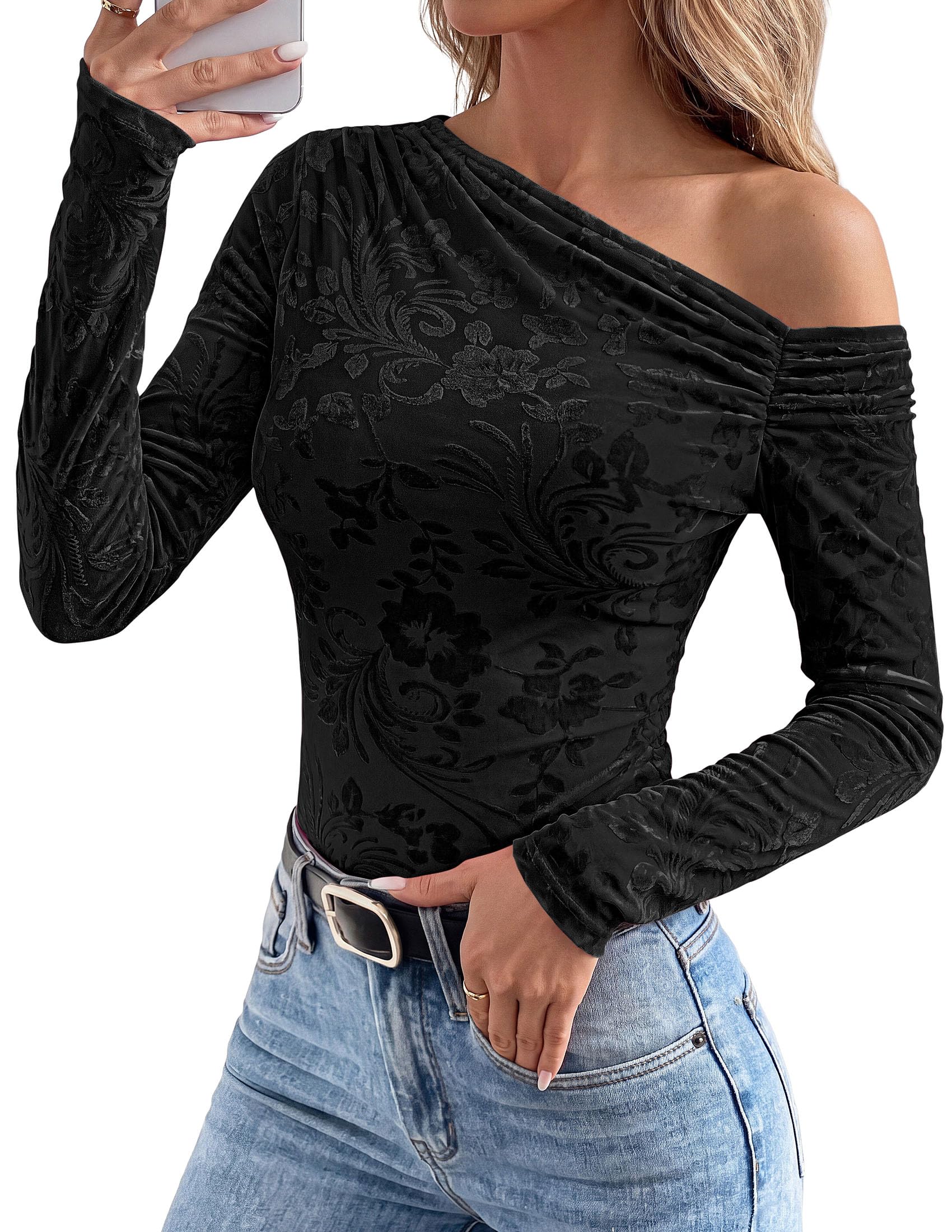 Off the Shoulder Tops for Women Fall Mesh Floral Blouses Black