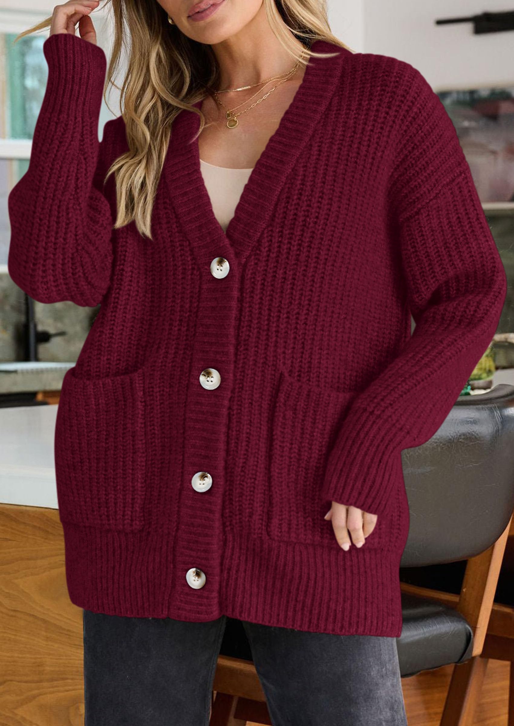 Oversized Cardigan Sweaters for Women Button Up,Burgundy,S