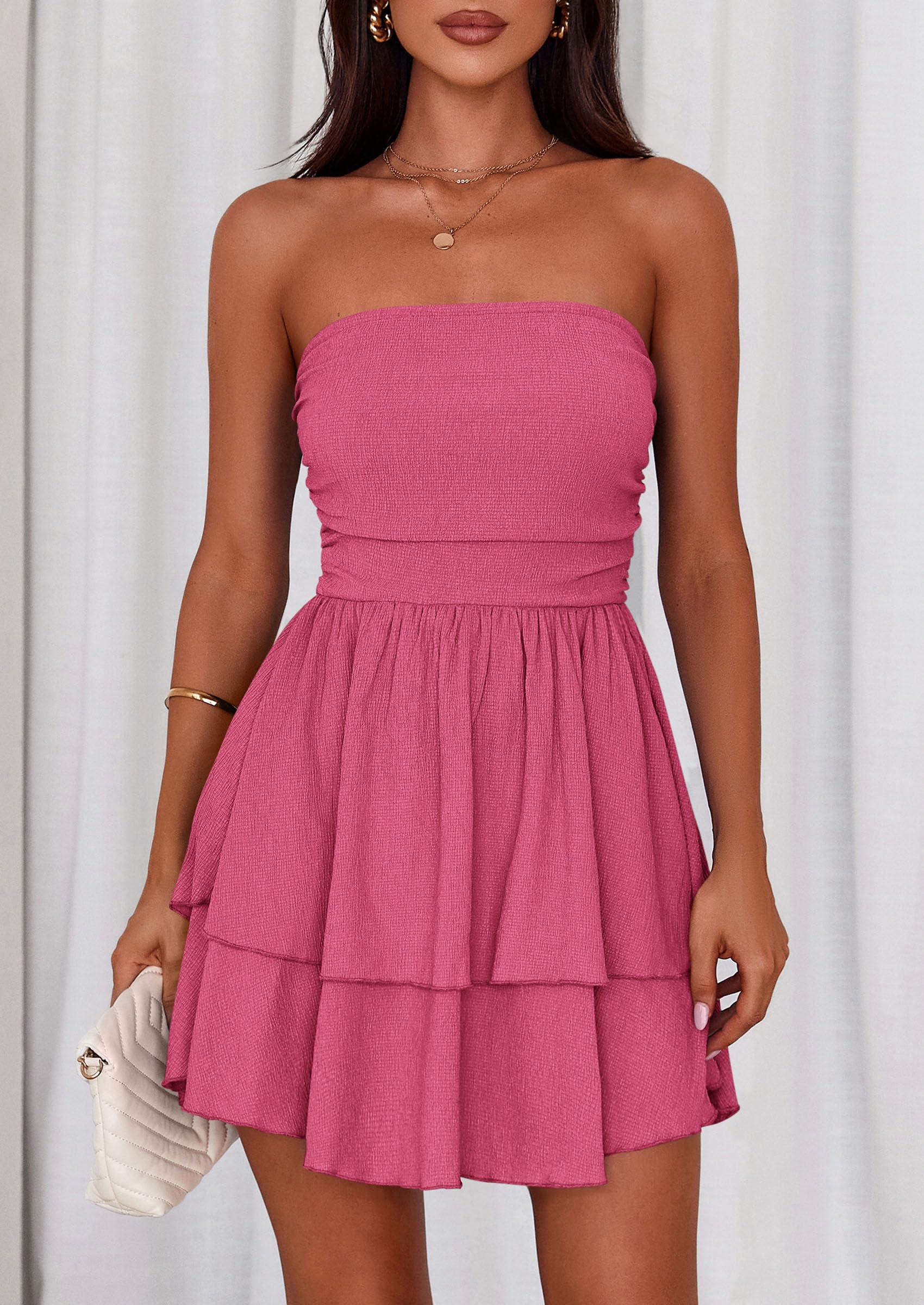 Women's Summer Strapless Flowy Mini Dresses (Rose Red,S)