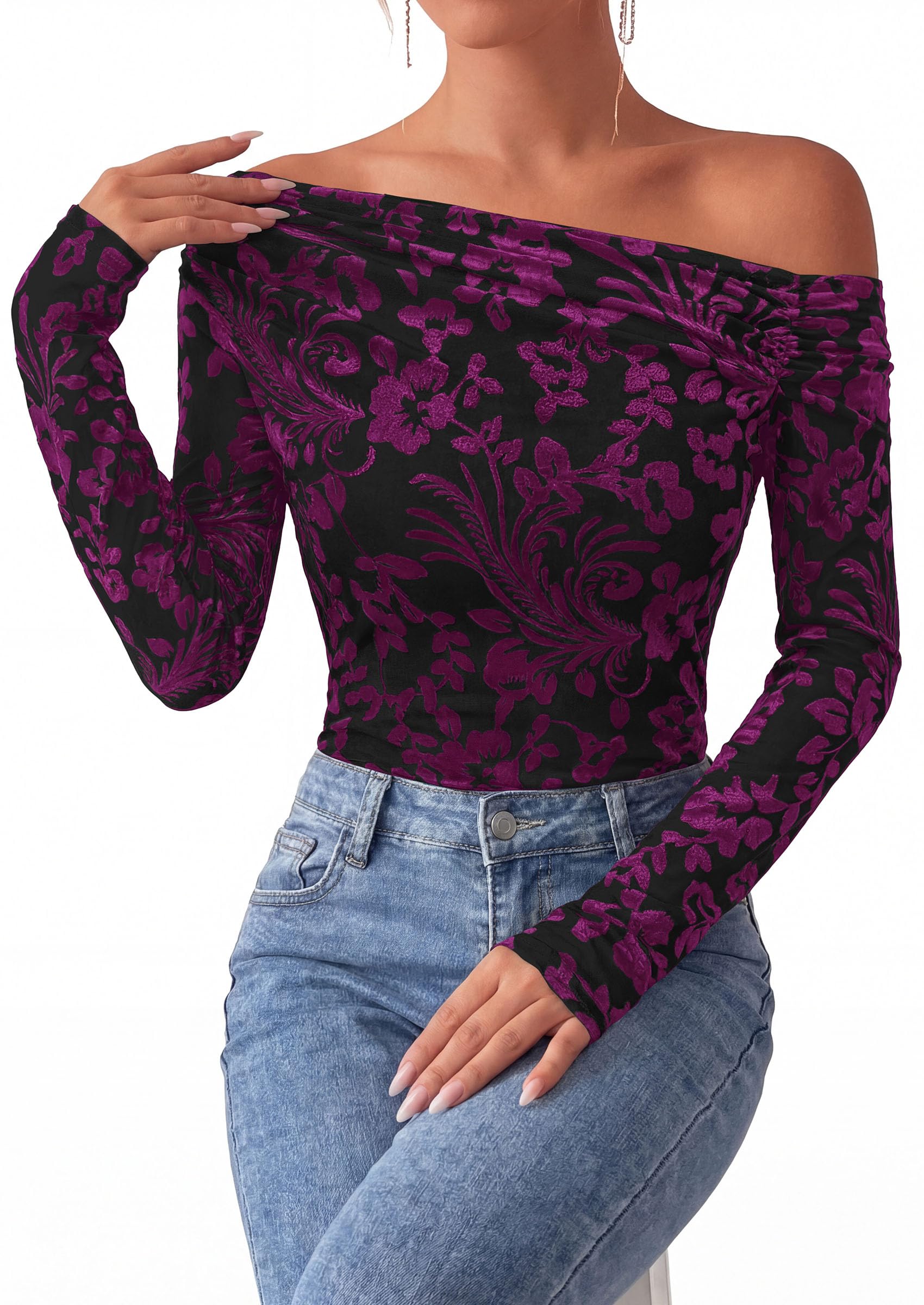Off the Shoulder Tops for Women Fall Mesh Floral Blouses