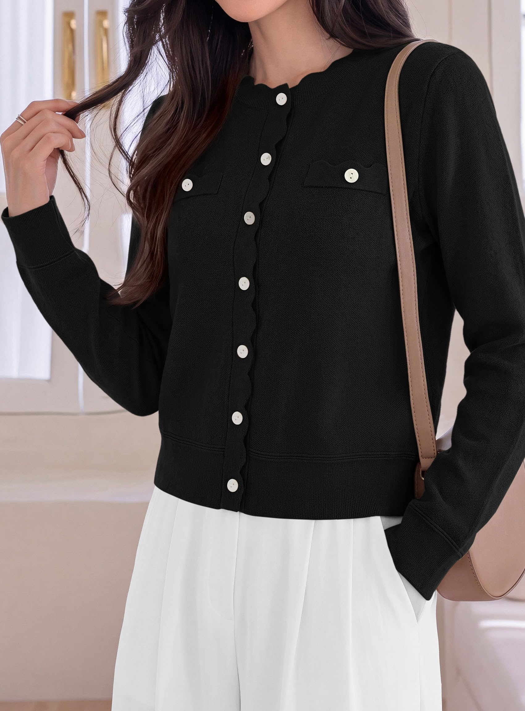 Womens Lightweight Cardigan Sweaters Scalloped Trim Fall Tops
