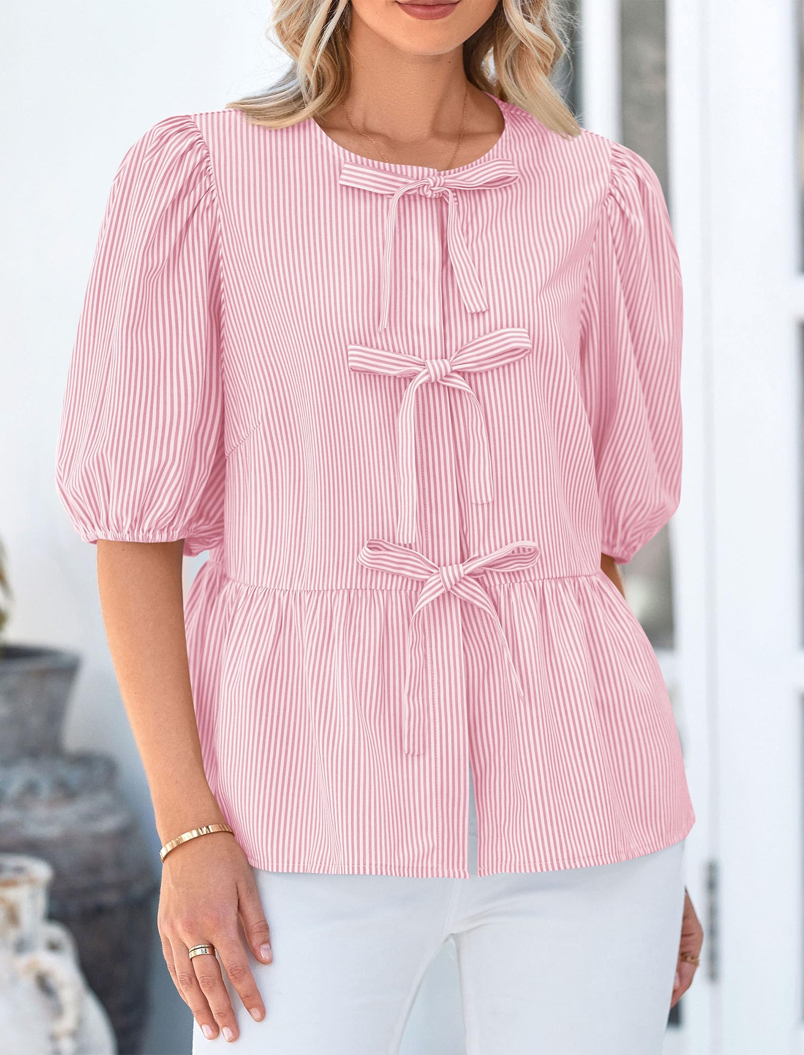 Women Striped Tie Front Babydoll Peplum Tops, Pink,S