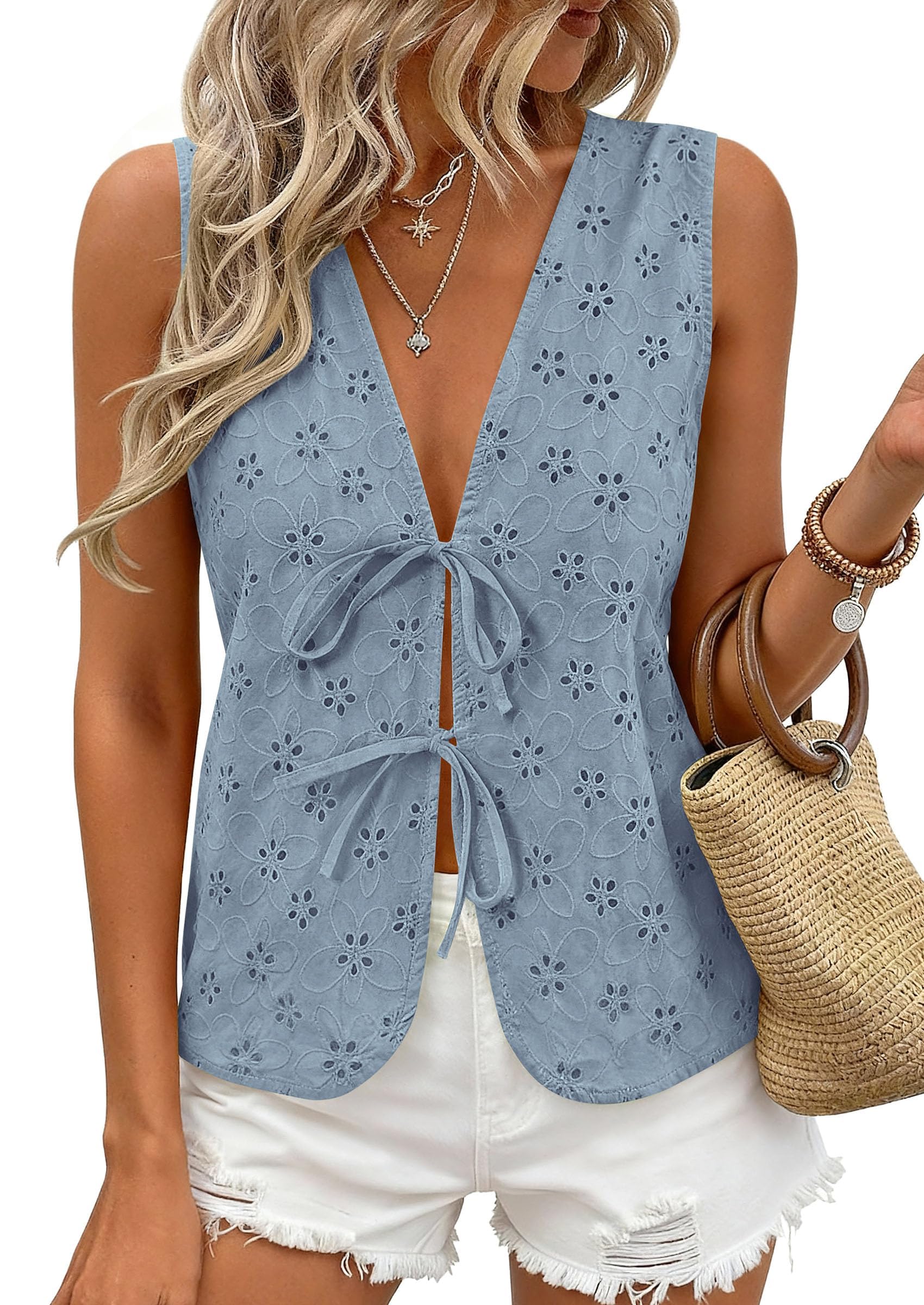 Women's Summer Eyelet Lace Tie Front Vest Tops (Dusty Blue,S)