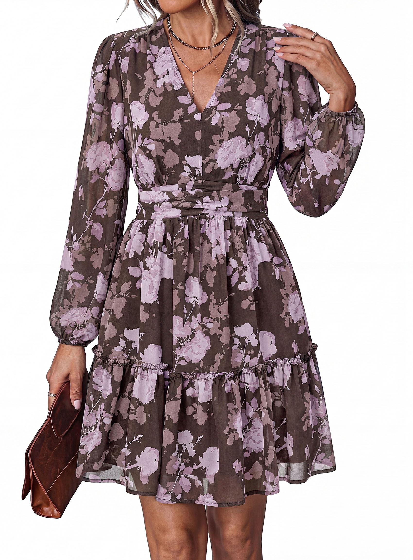Women Floral Long Sleeve Mini Dress Fall Wedding Guest Dresses