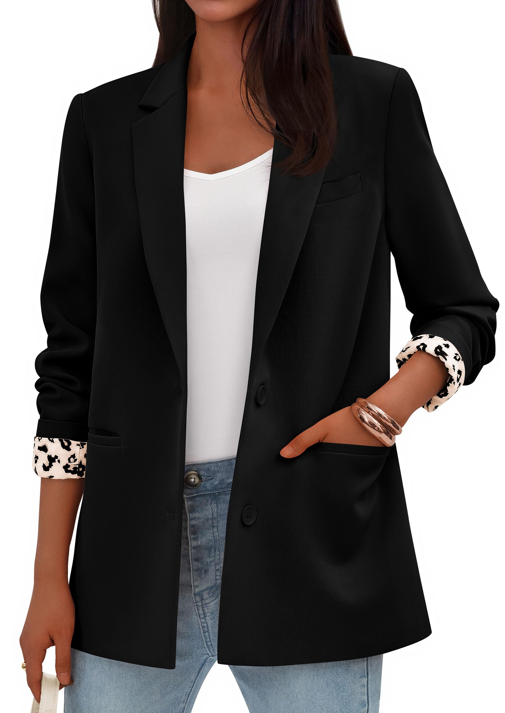 Womens Open Front Leopard Blazers Suit Jackets,Black,S