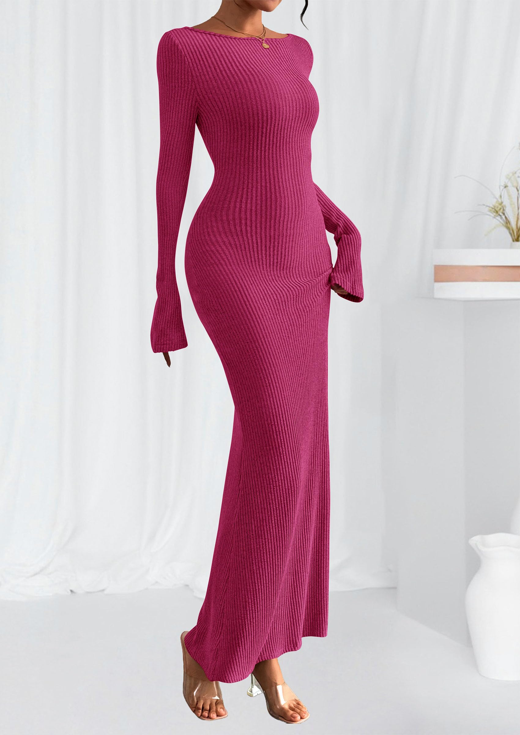 Women's Fall Long Sleeve Bodycon Maxi Dresses (Rose Red,XS)