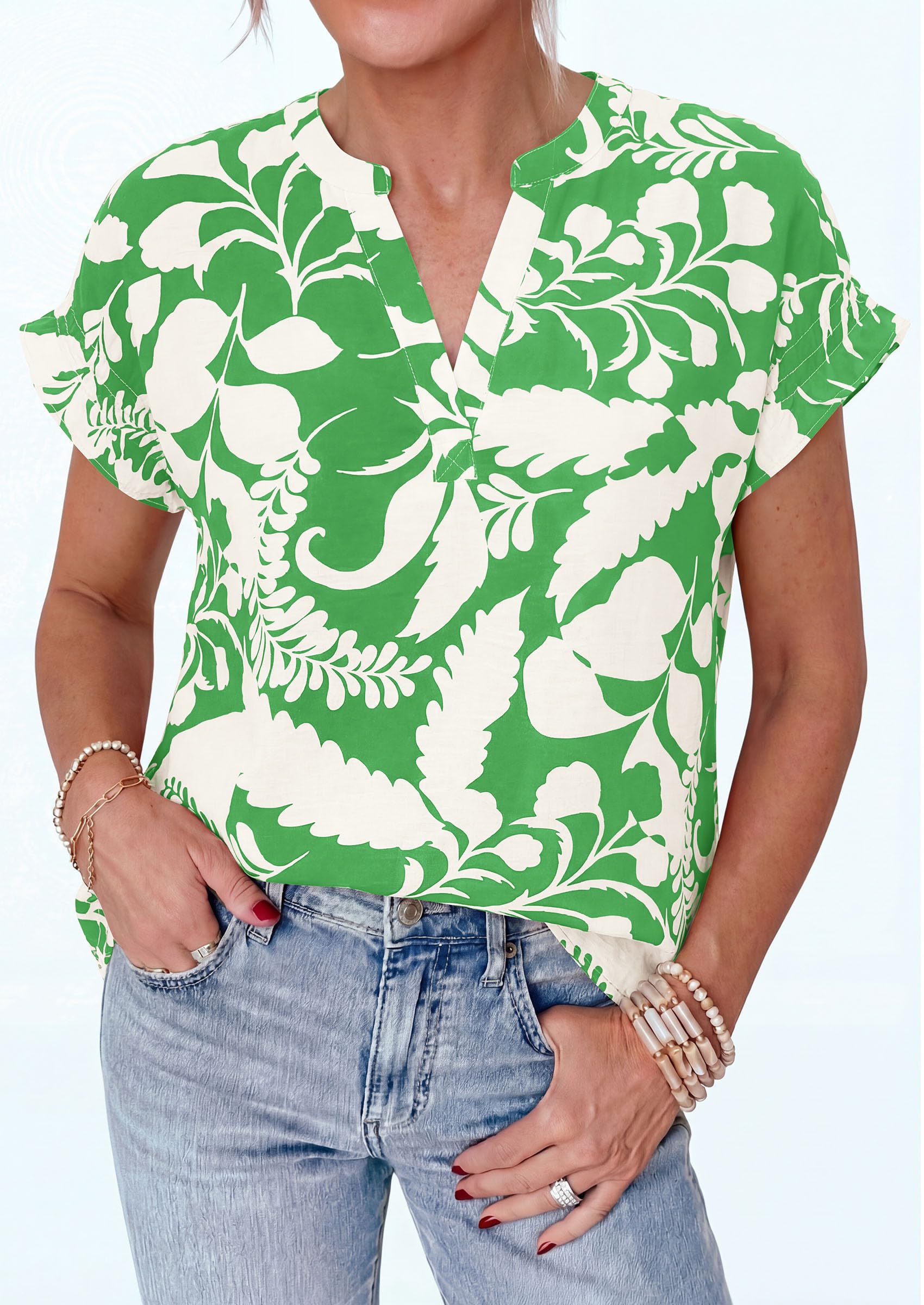 Womens Floral Short Sleeve Blouses,Green White Flower,S