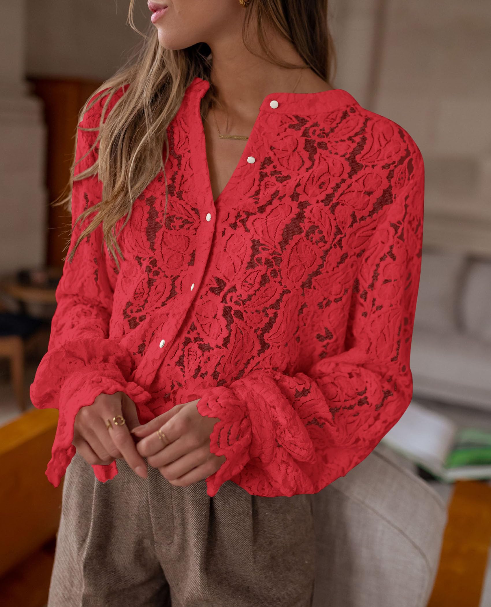 Women's Fall Trendy Long Sleeve Lace Tops(Red,Small)