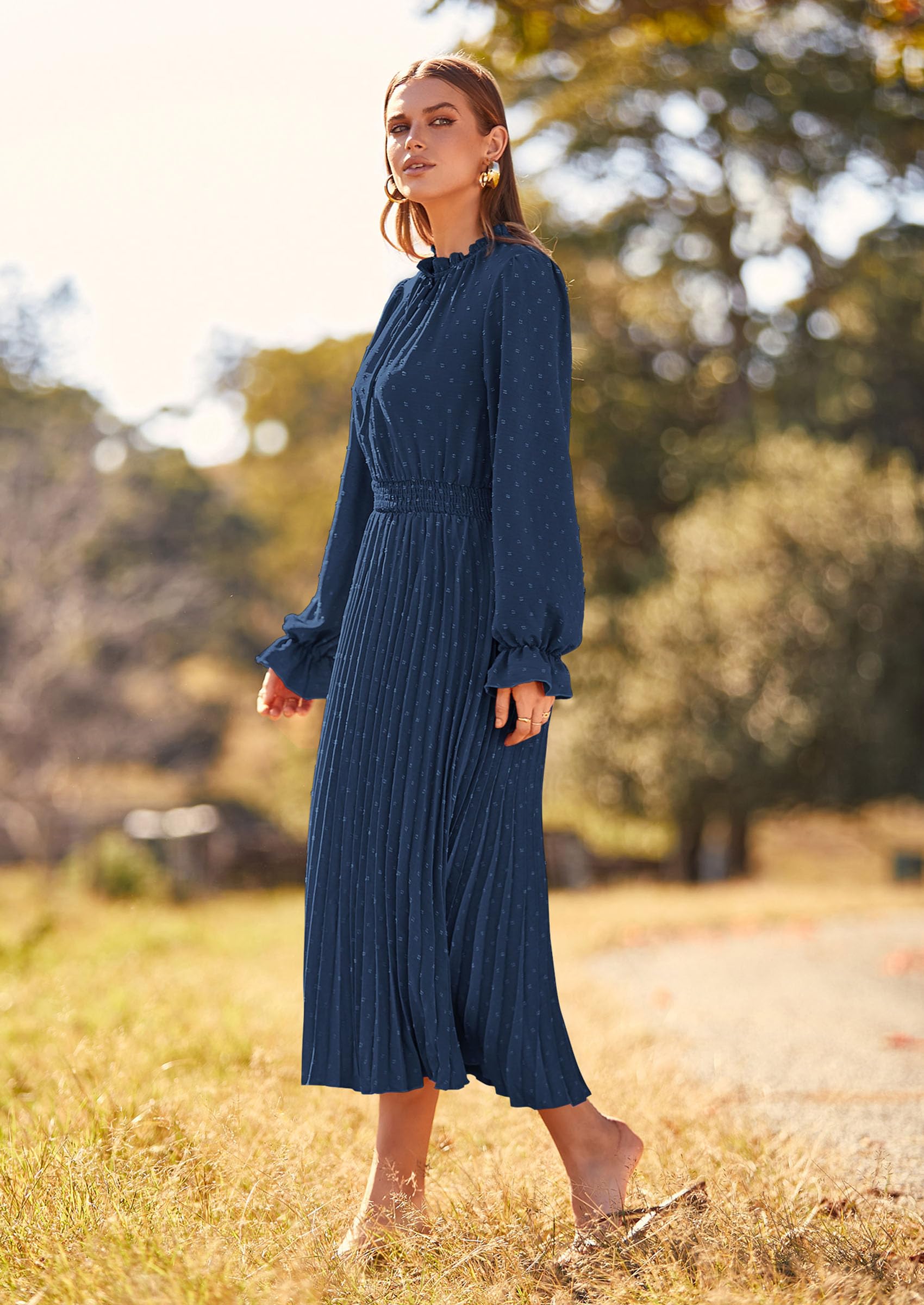 Women's Fall Midi Wedding Guest Dress(Dark Blue,Small)