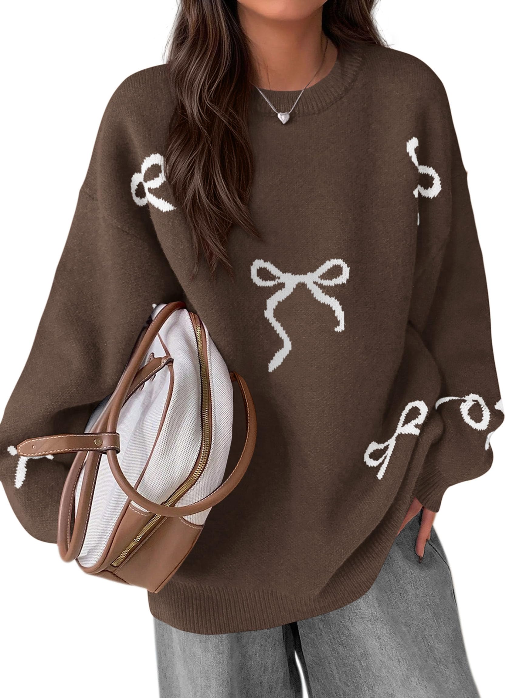 Women Long Sleeve Cute Bow Oversized Sweater,Brown,S