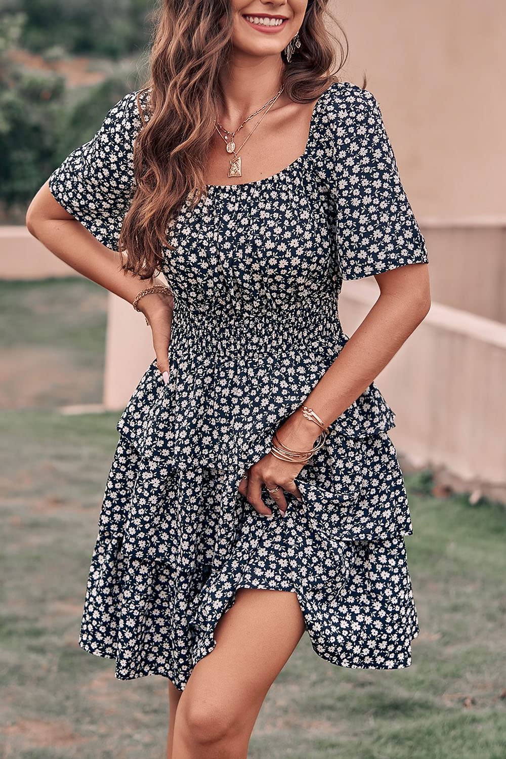 Women's 2025 Floral Summer Short Dress Square Neck Short Sleeve Tiered Ruffle Boho Swing Dresses (Black,Small)