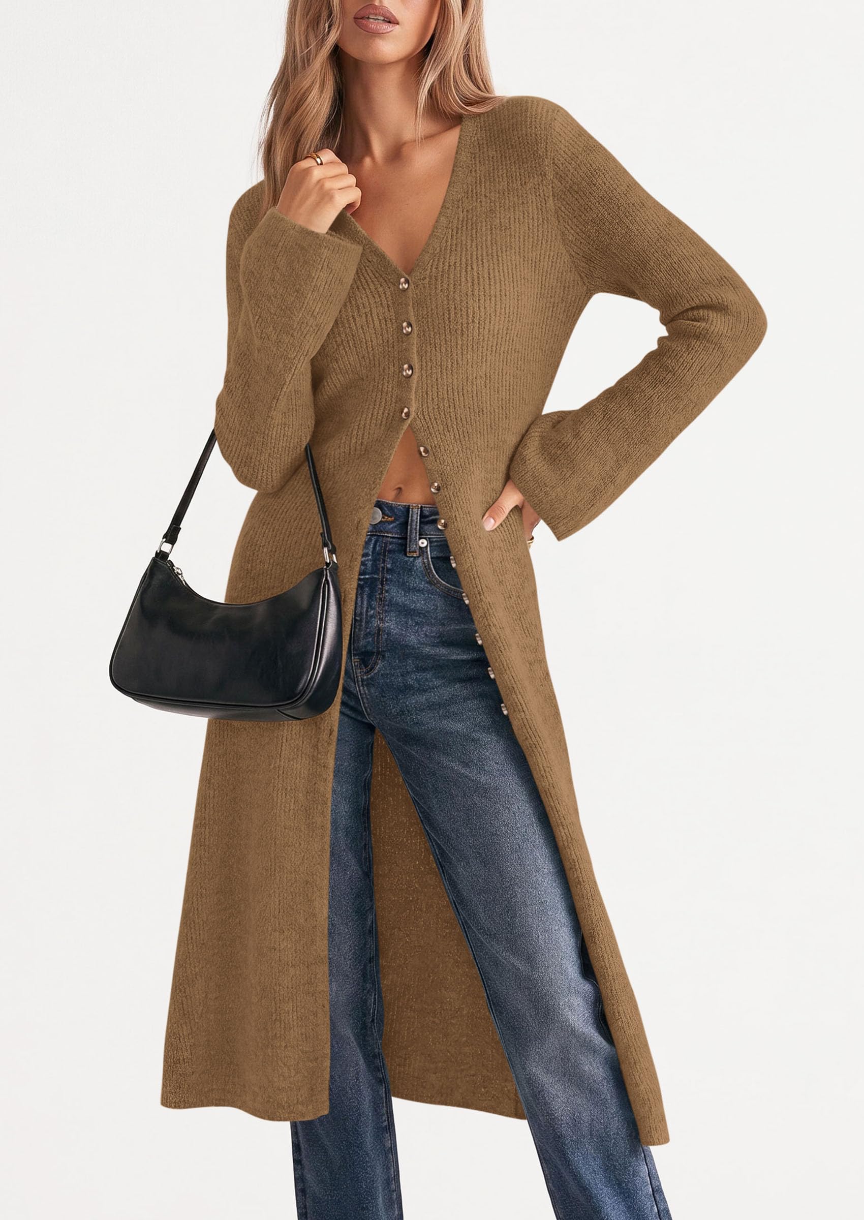 Women Long Cardigan Bell Sleeve Sweater Dress (Dark Khaki,S)