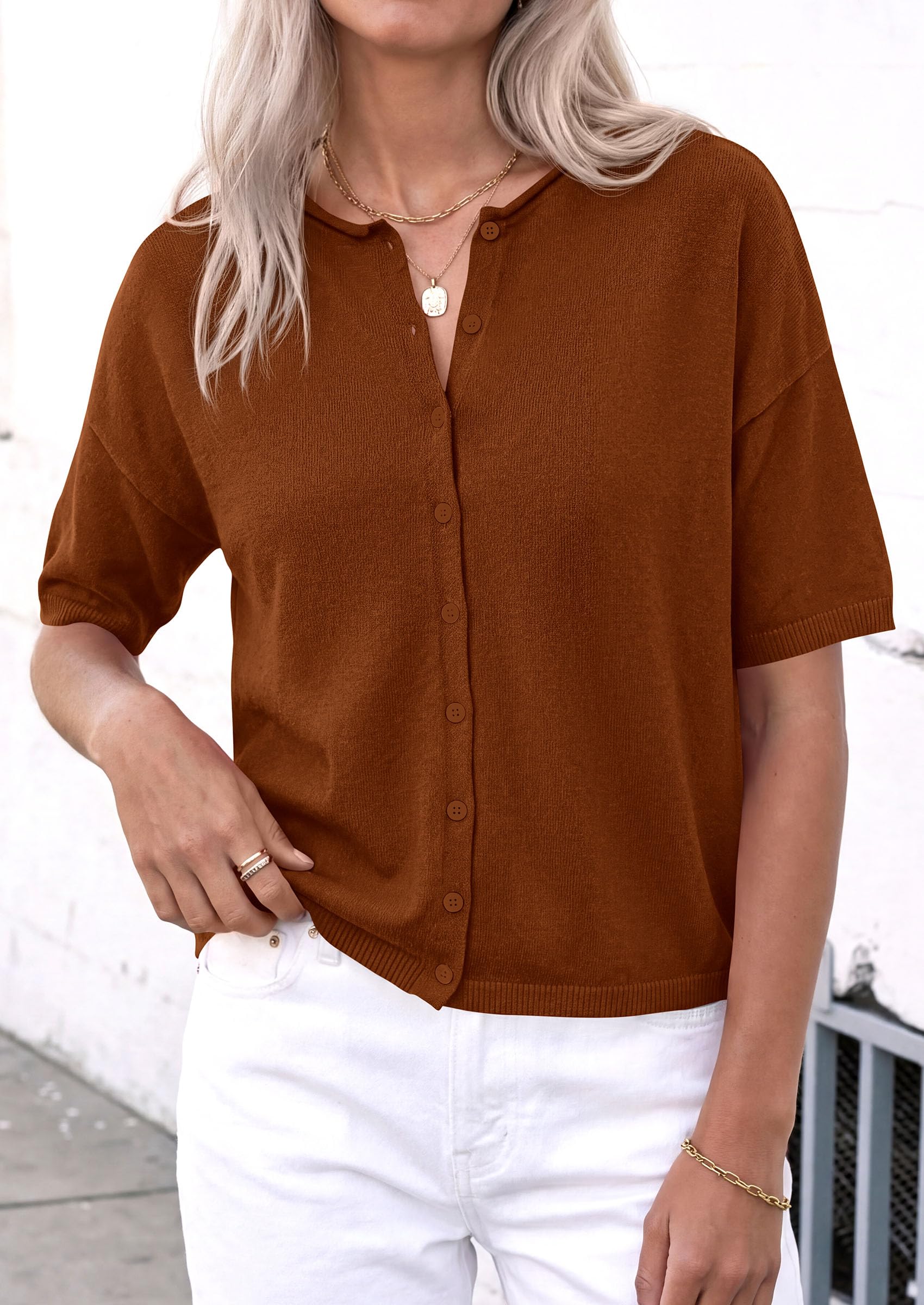 Women's Short Sleeve Cardigan Sweaters (Brown,Small)