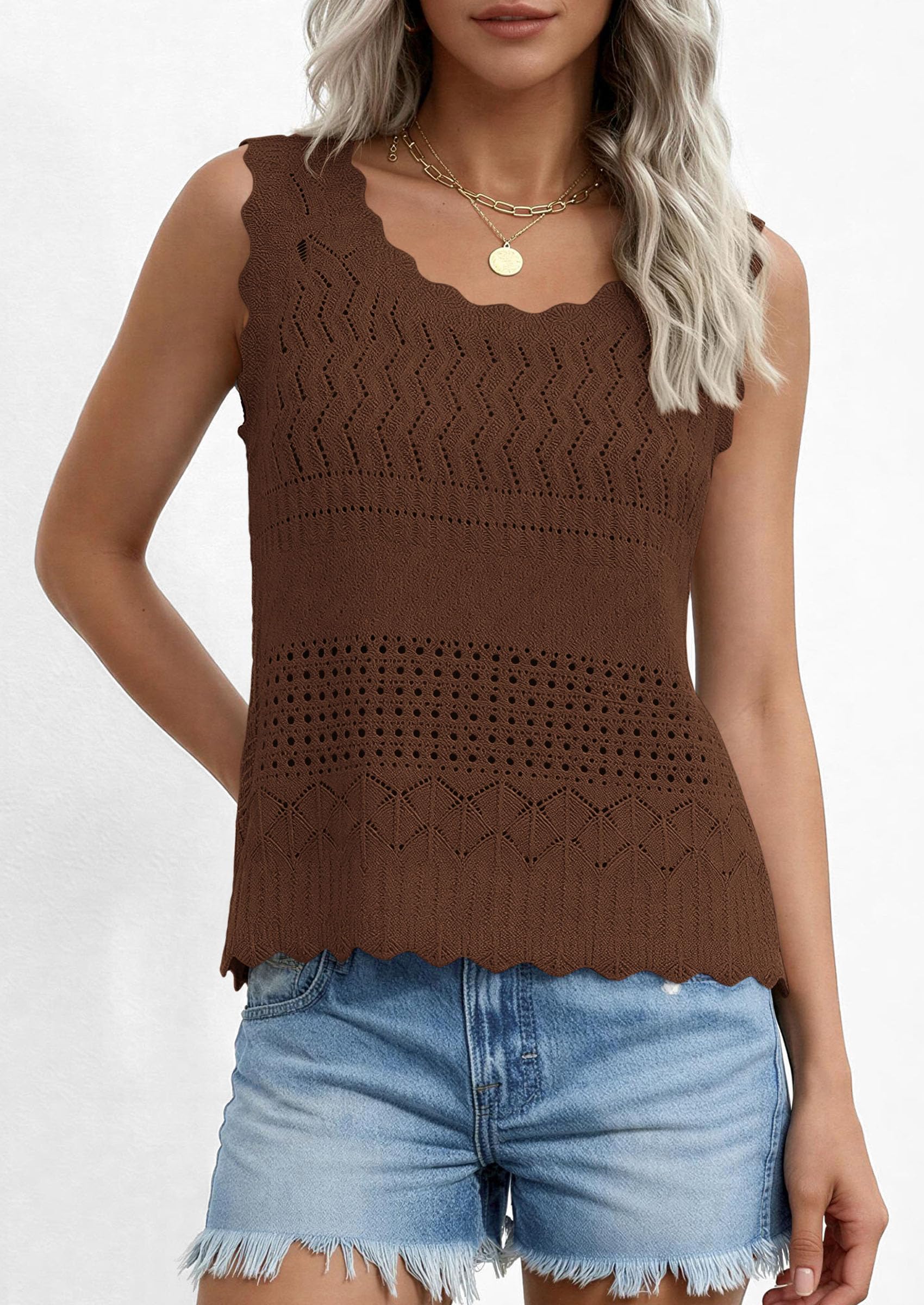 Womens Crochet Tank Tops Knit Sleeveless Vest,Brown,S