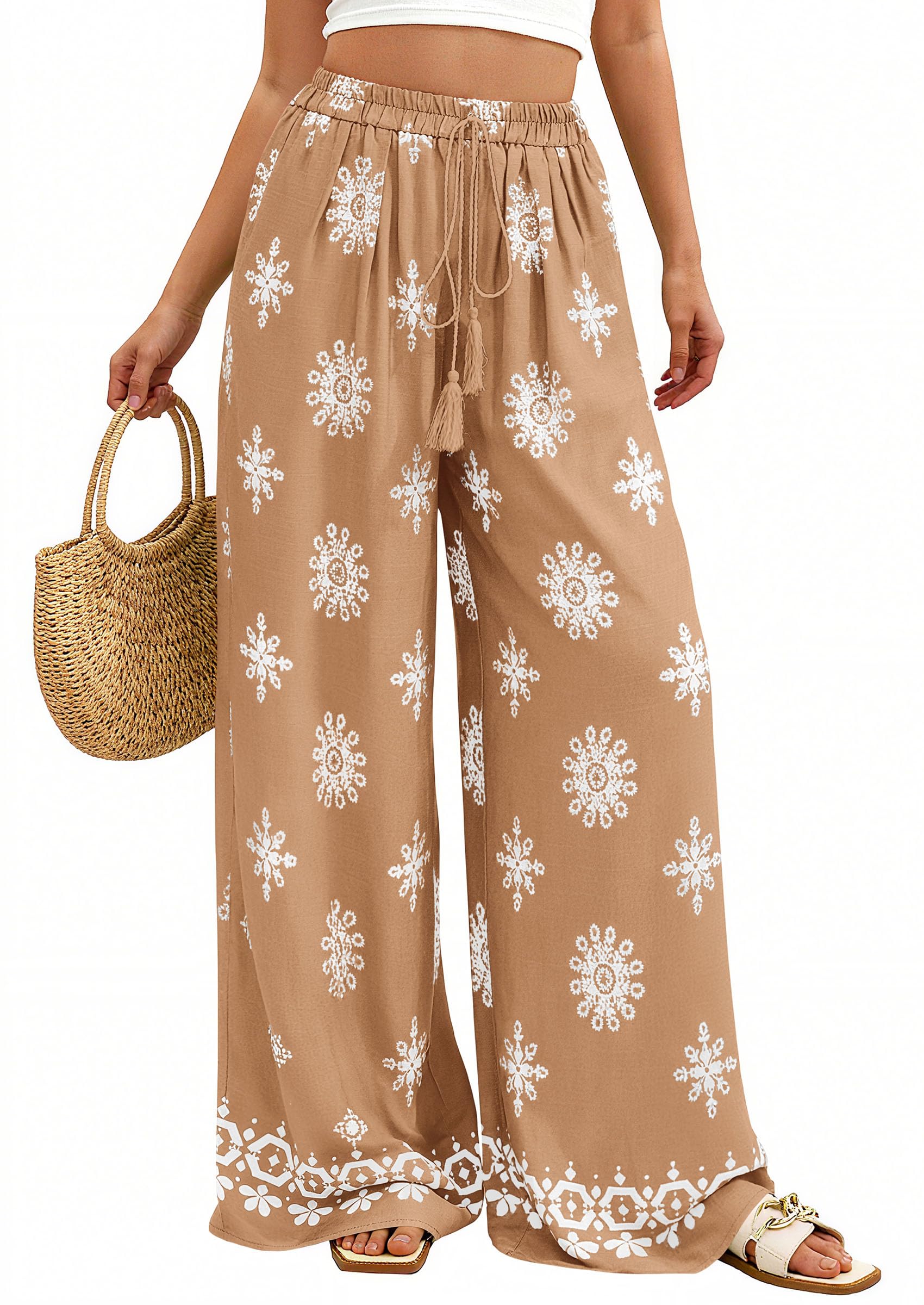 Wide Leg Flowy Boho Pants for Women, Khaki,M