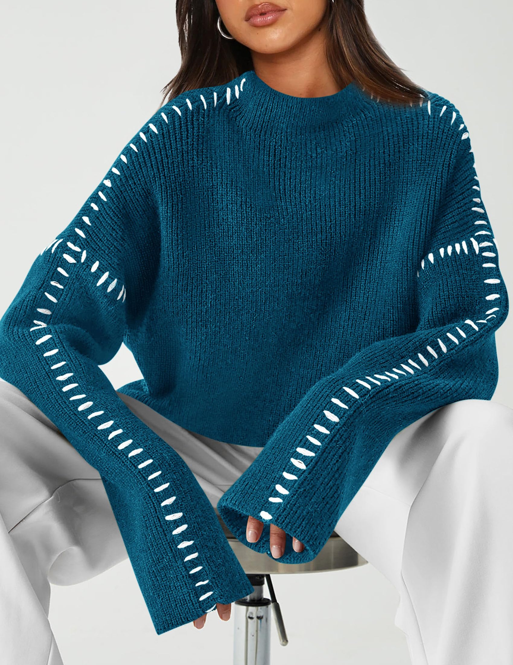 Womens Chunky Knit Oversized Pullover Sweaters,Blue Green,S