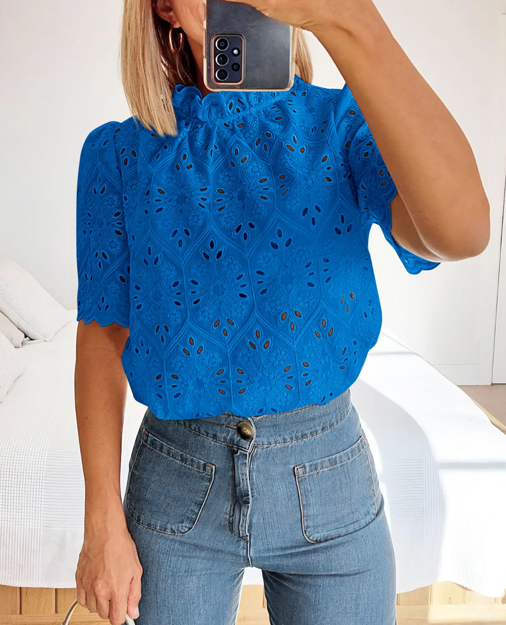 Women Summer Tops Eyelet Embroidered Shirts,Brilliant Blue,XS